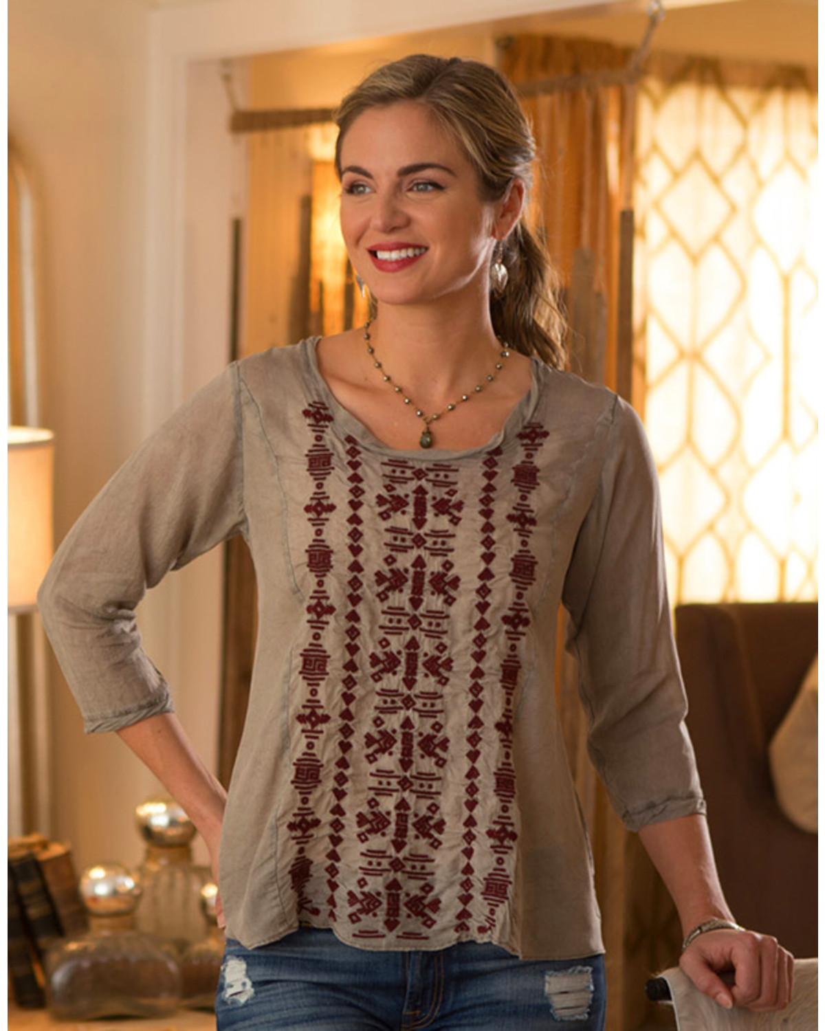 Ryan Michael Women's Embroidered Cupra Rayon Top