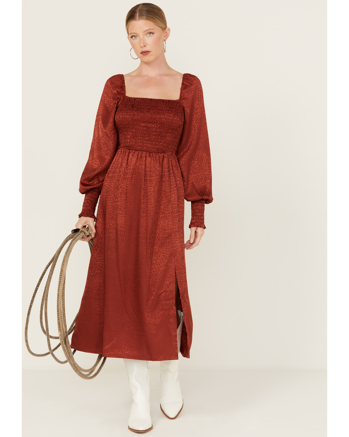 Wrangler Women's Jacquard Print Slit Long Sleeve Midi Dress