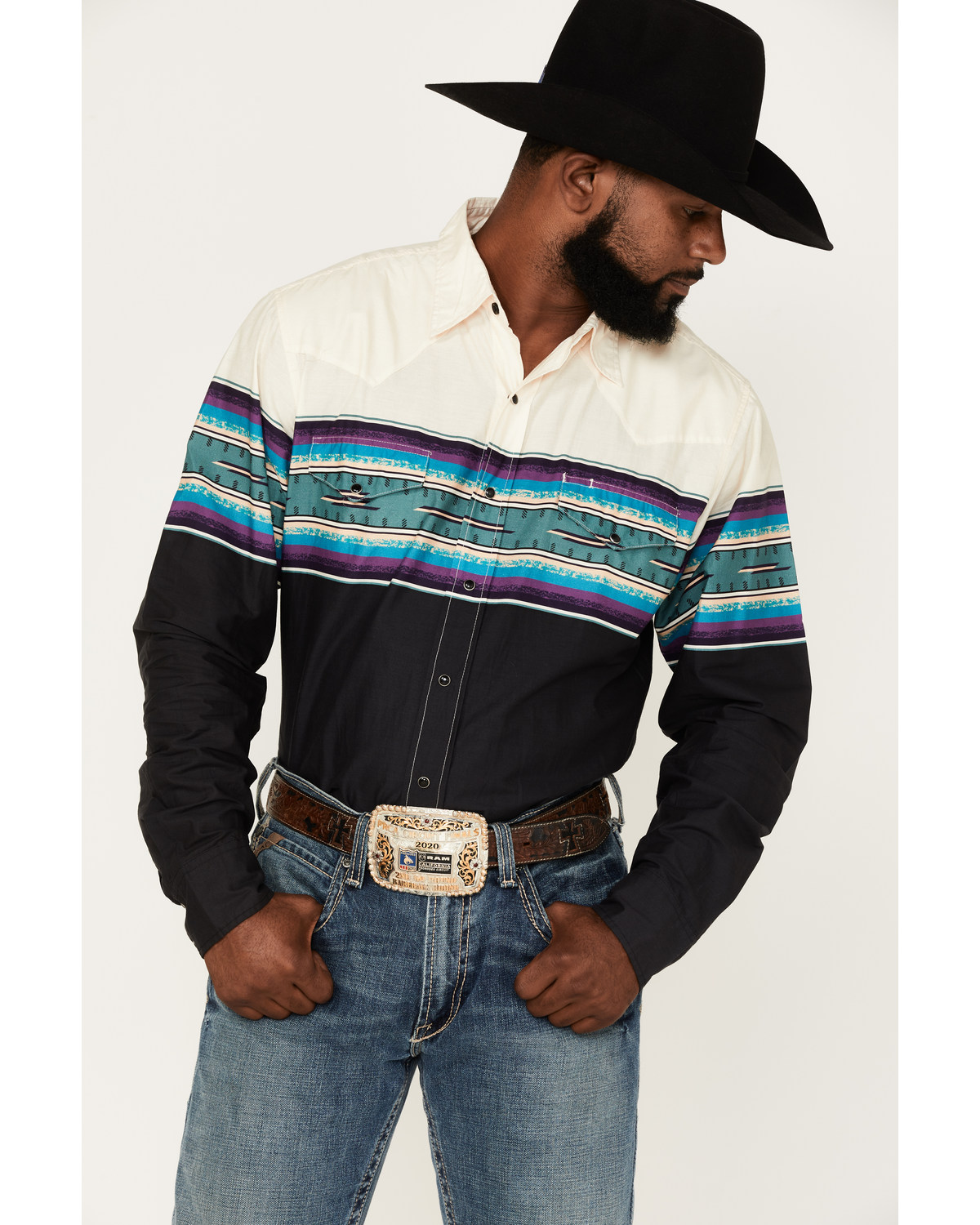 Roper Men's Vintage Checotah Border Print Long Sleeve Snap Western Shirt