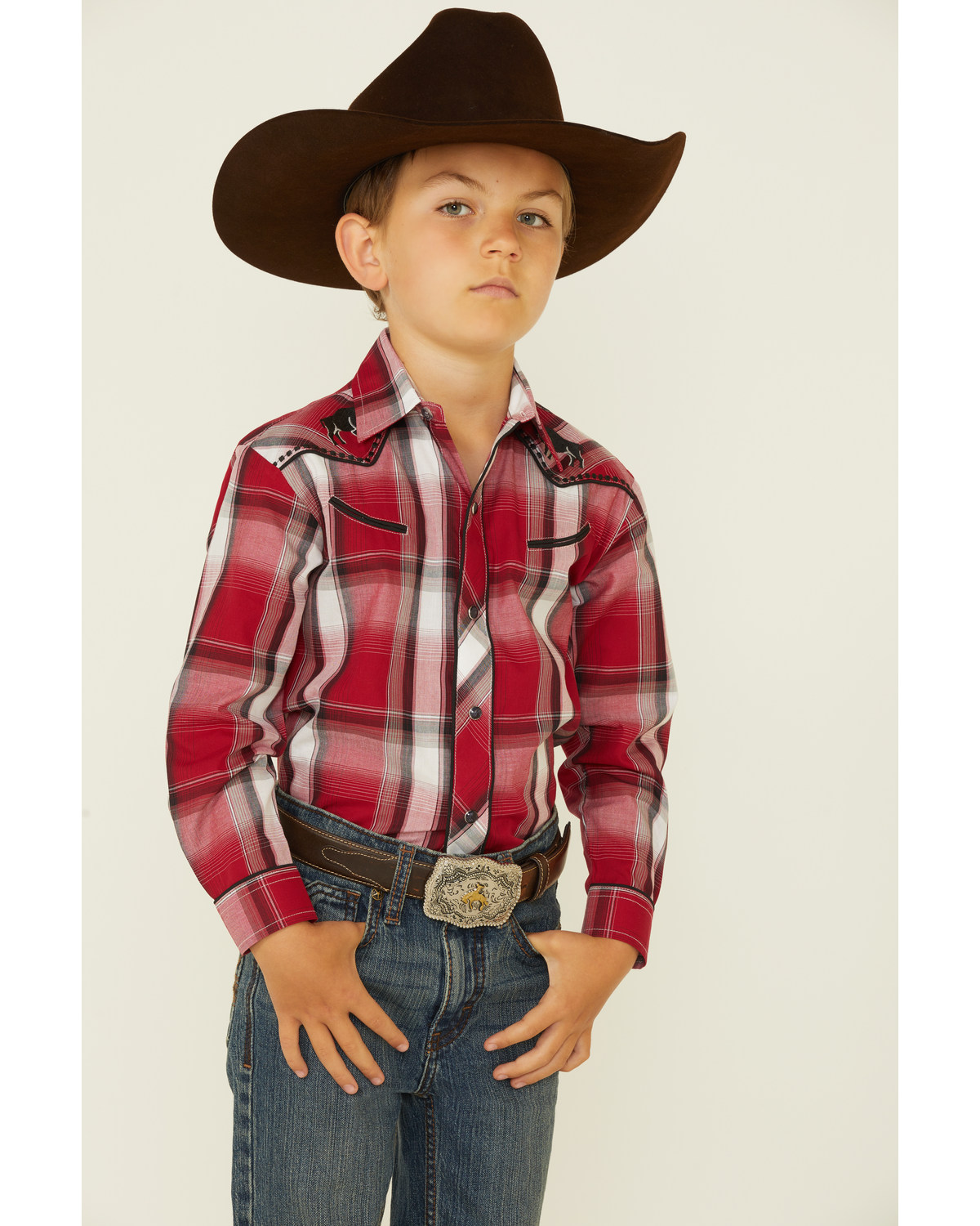 Roper Boys' Plaid Print Embroidered Bull Yoke Long Sleeve Snap Western Shirt