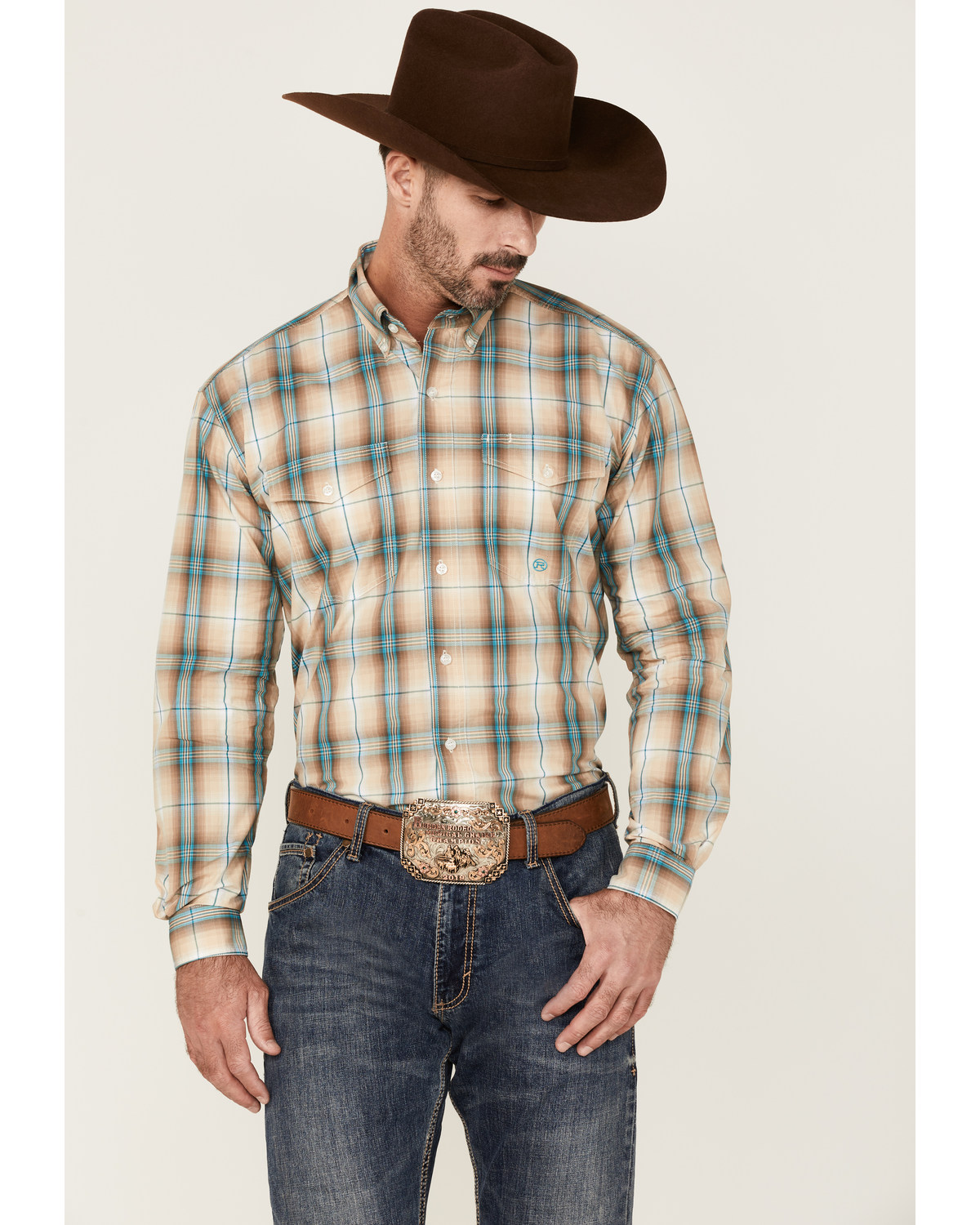 Roper Men's Saddle Large Plaid Print Long Sleeve Button Down Western Shirt