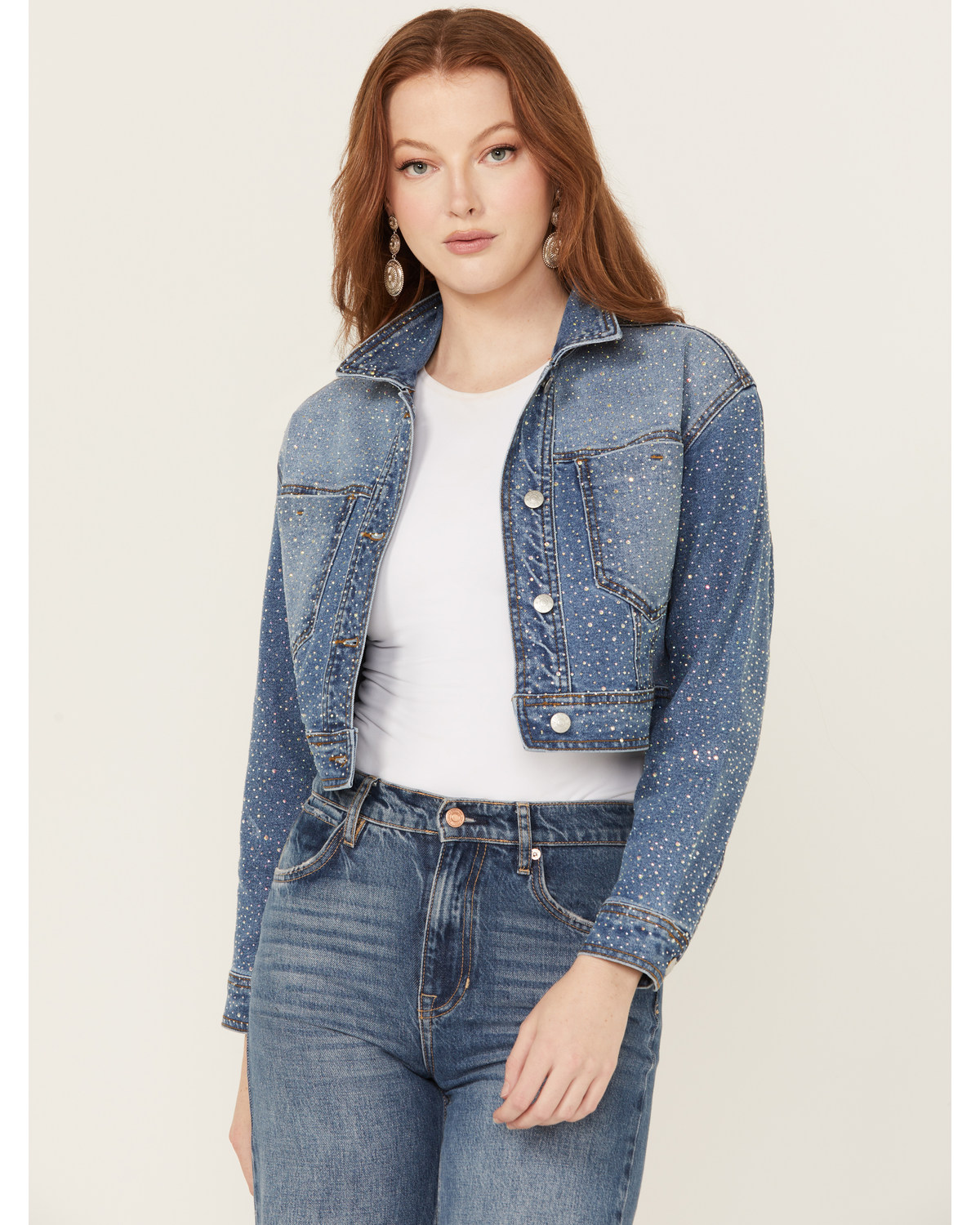 Vibrant Denim Women's Rhinestone Embellished Cropped Jacket