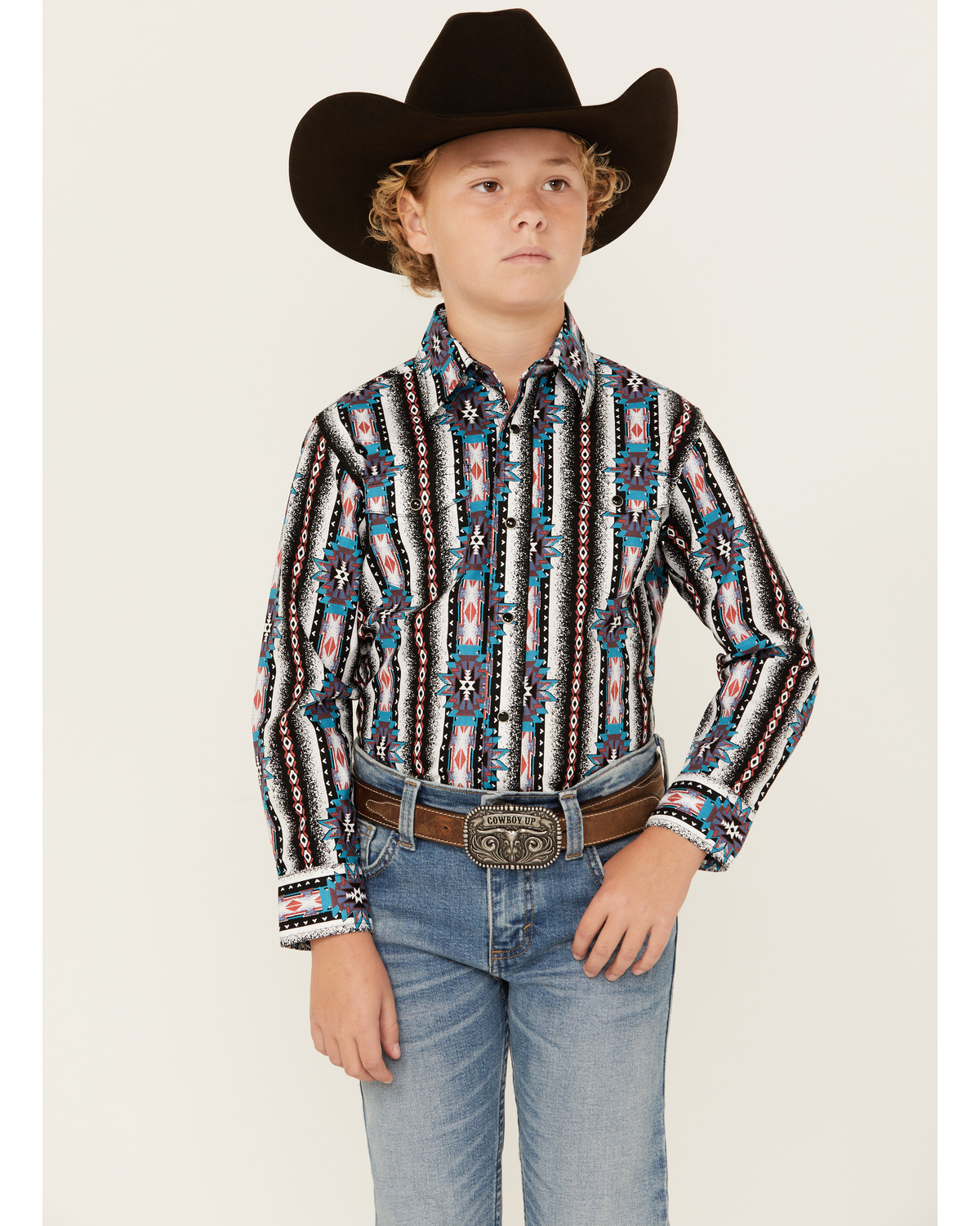 Wrangler Boys' Southwestern Print Long Sleeve Snap Western Shirt