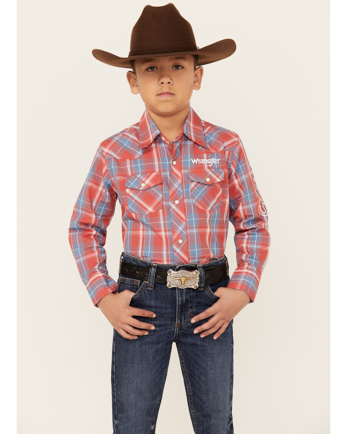 Wrangler Boys' Logo Plaid Print Long Sleeve Snap Western Shirt