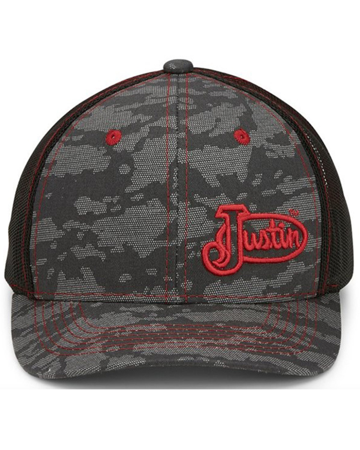 Justin Men's Gray Camo & Red Embroidered Logo Mesh-Back Ball Cap