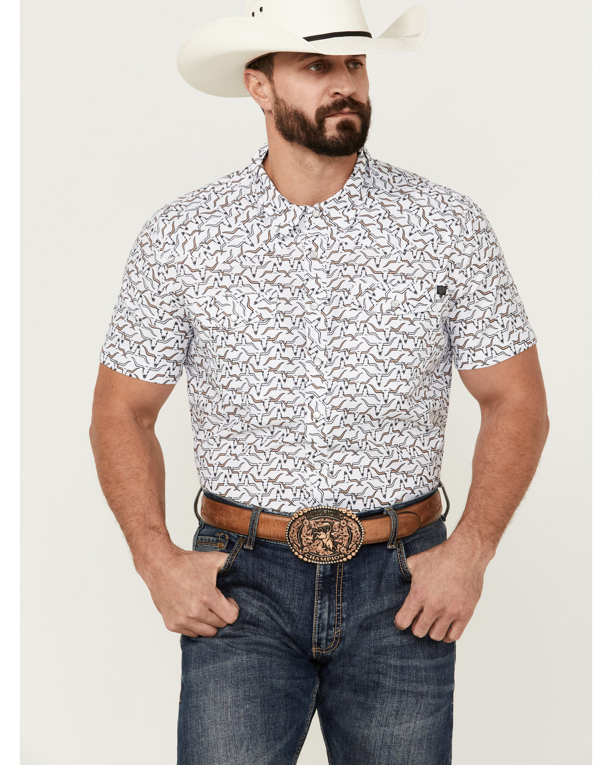 Rock & Roll Denim Men's Longhorn Print Short Sleeve Pearl Snap Western Shirt