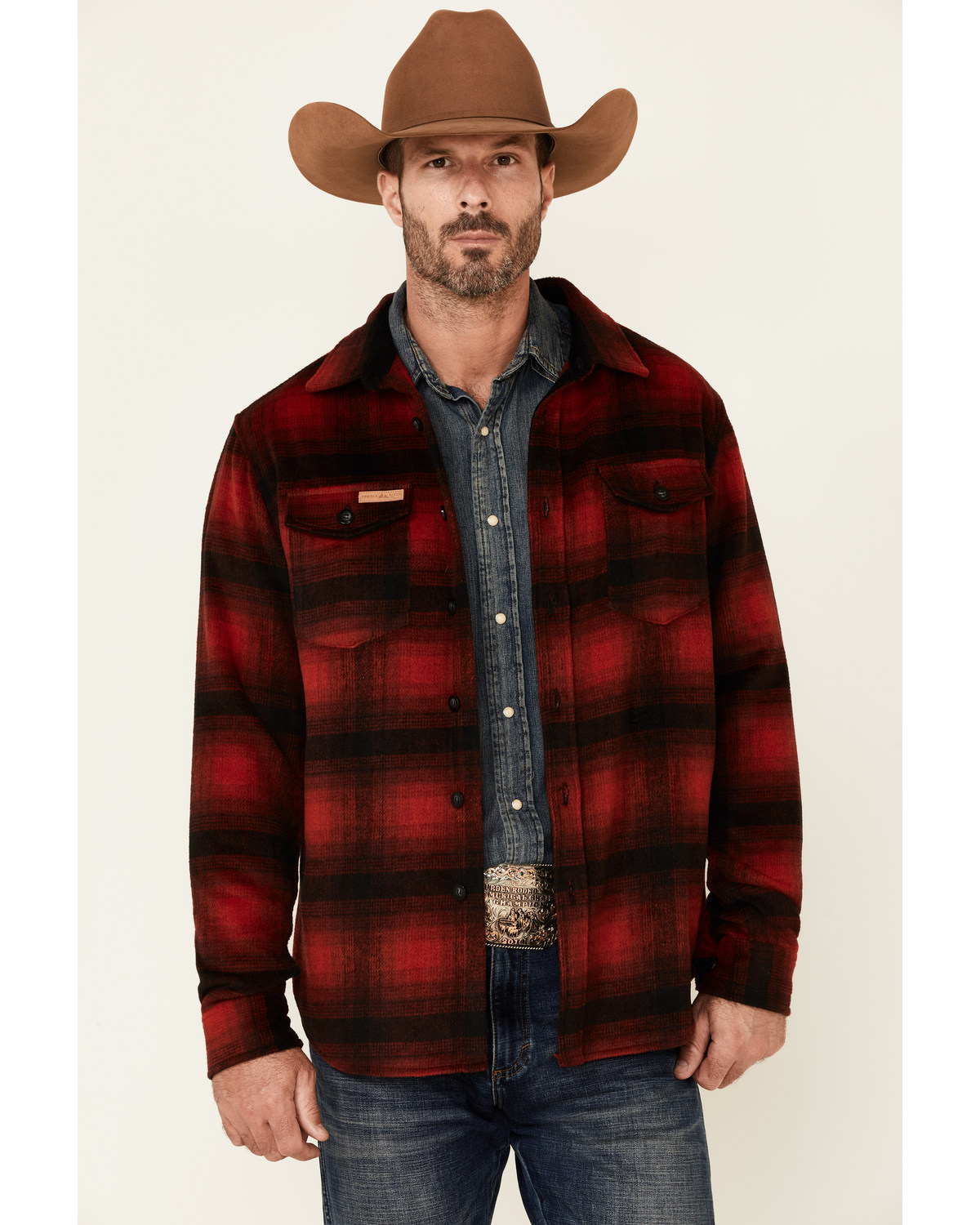 Powder River Outfitters Men's Red Ombre Plaid Wool Button-Front Shirt Jacket