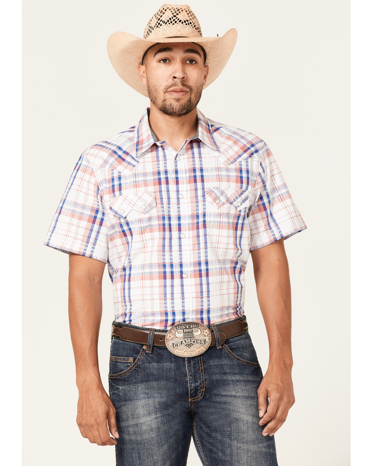 Cody James Men's Woodson Large Plaid Print Short Sleeve Snap Western Shirt