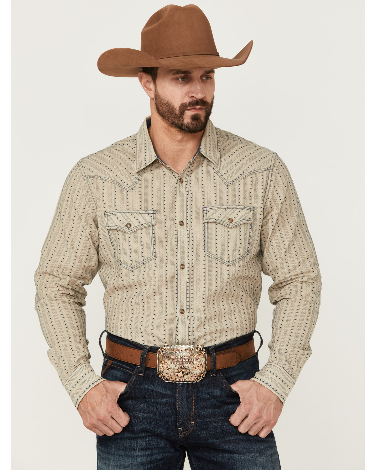 Moonshine Spirit Men's Dobby Stripe Long Sleeve Snap Western Shirt