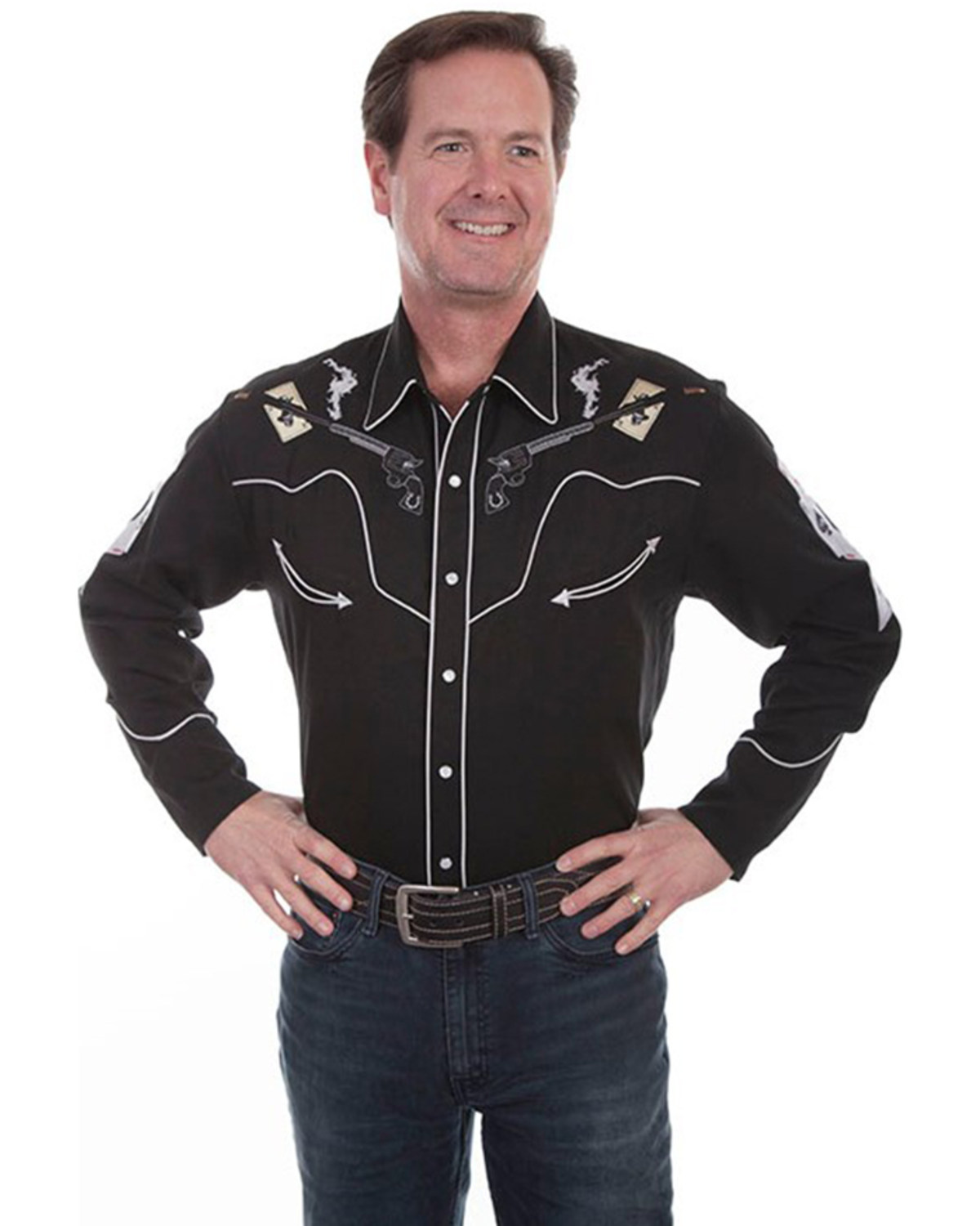 Scully Men's Skulls, Guns N Cards Embroidered Yoke Long Sleeve Pearl Snap Western Shirt - Big