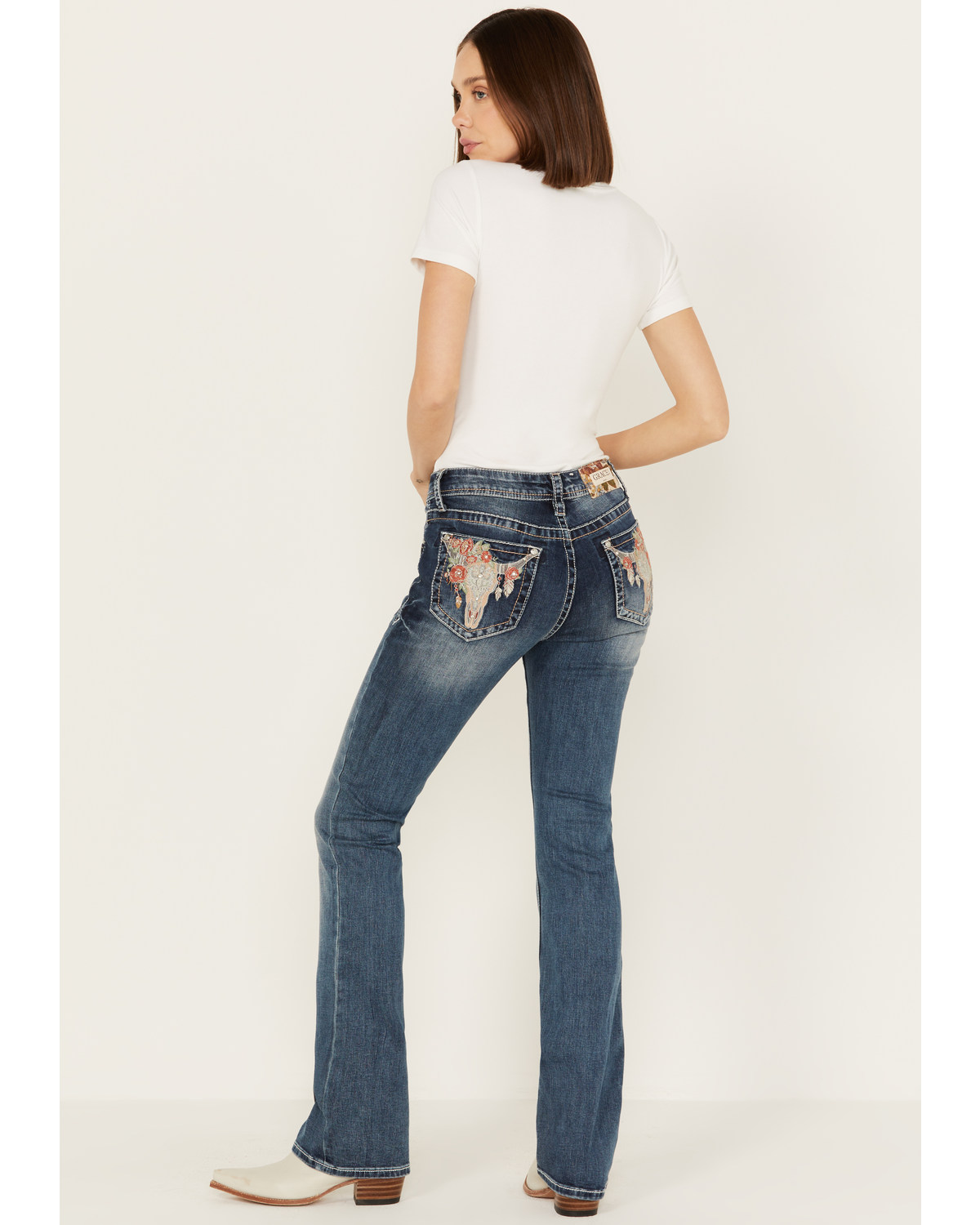 Grace LA Women's Medium Wash Mid Rise Floral Steer Head Pocket Bootcut Jeans