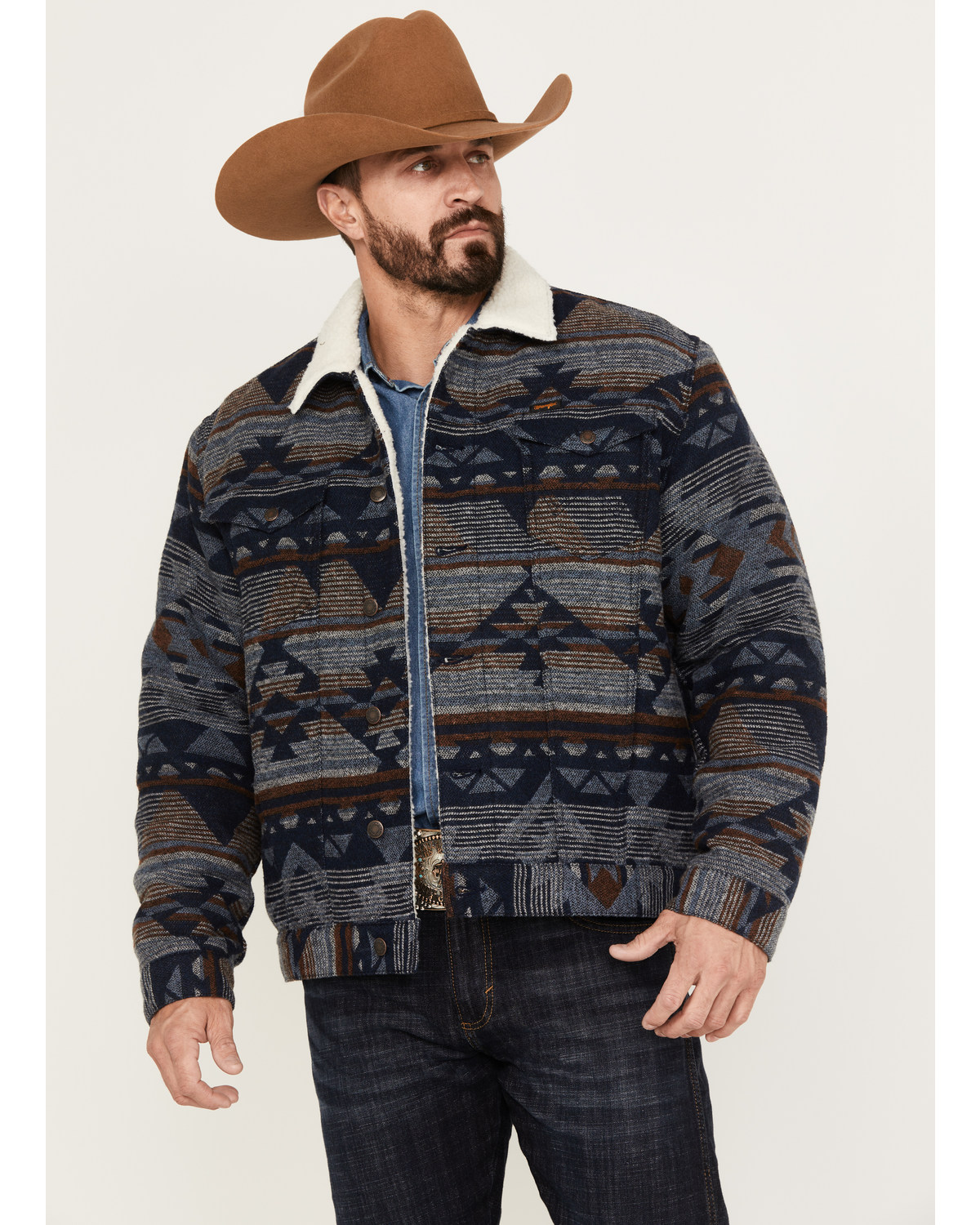 Wrangler Men's Southwestern Print Sherpa Button Down Jacquard Jacket