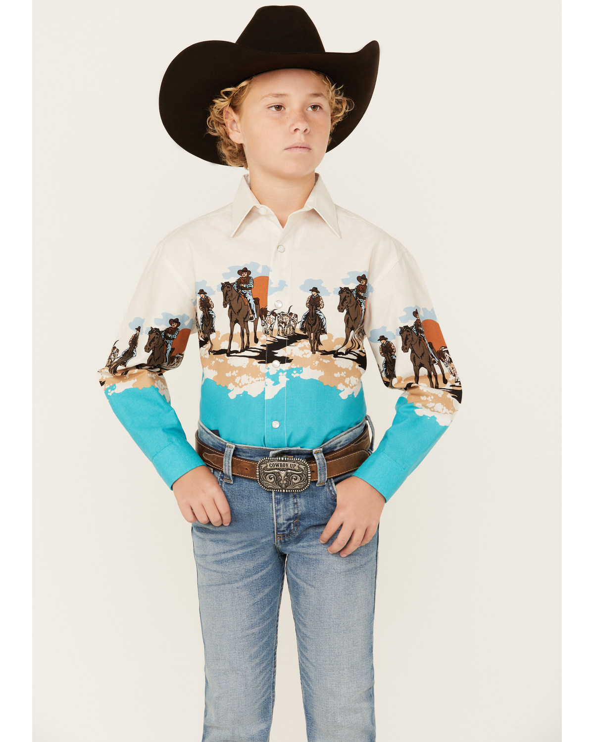 Panhandle Boys' Running Horse Border Print Long Sleeve Pearl Snap Western Shirt