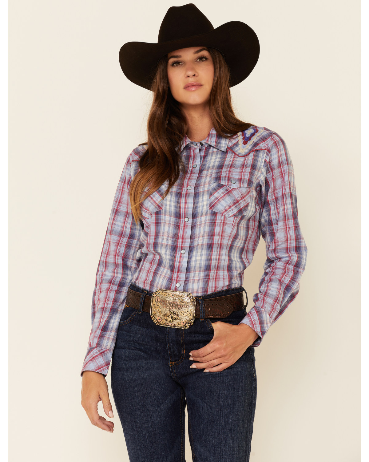 Ariat Women's Burgundy Cornflower R.E.A.L. Plaid Embroidered Southwestern Yoke Snap Western Shirt