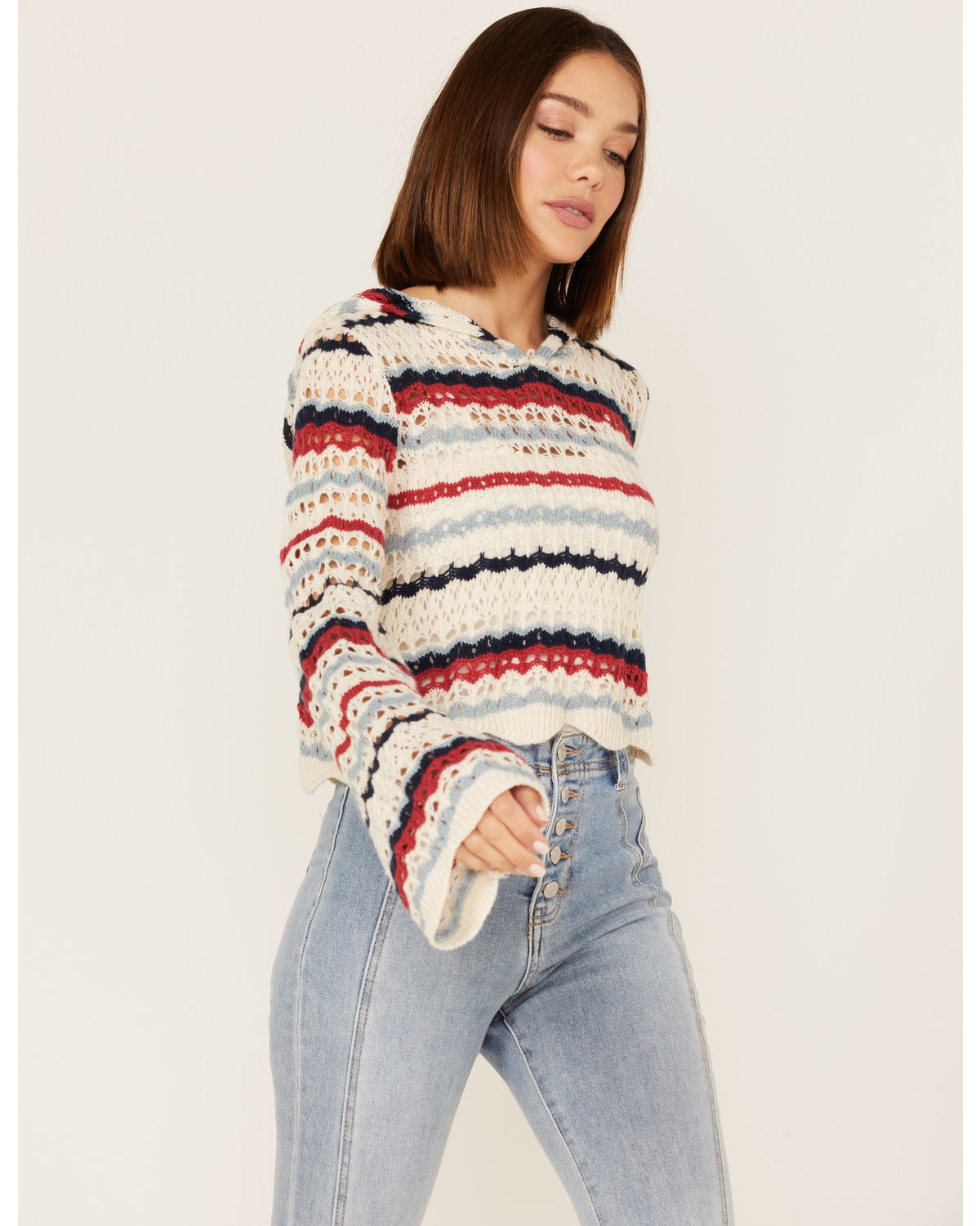 Panhandle Women's Americana Stripe Crochet Knit Hooded Sweater