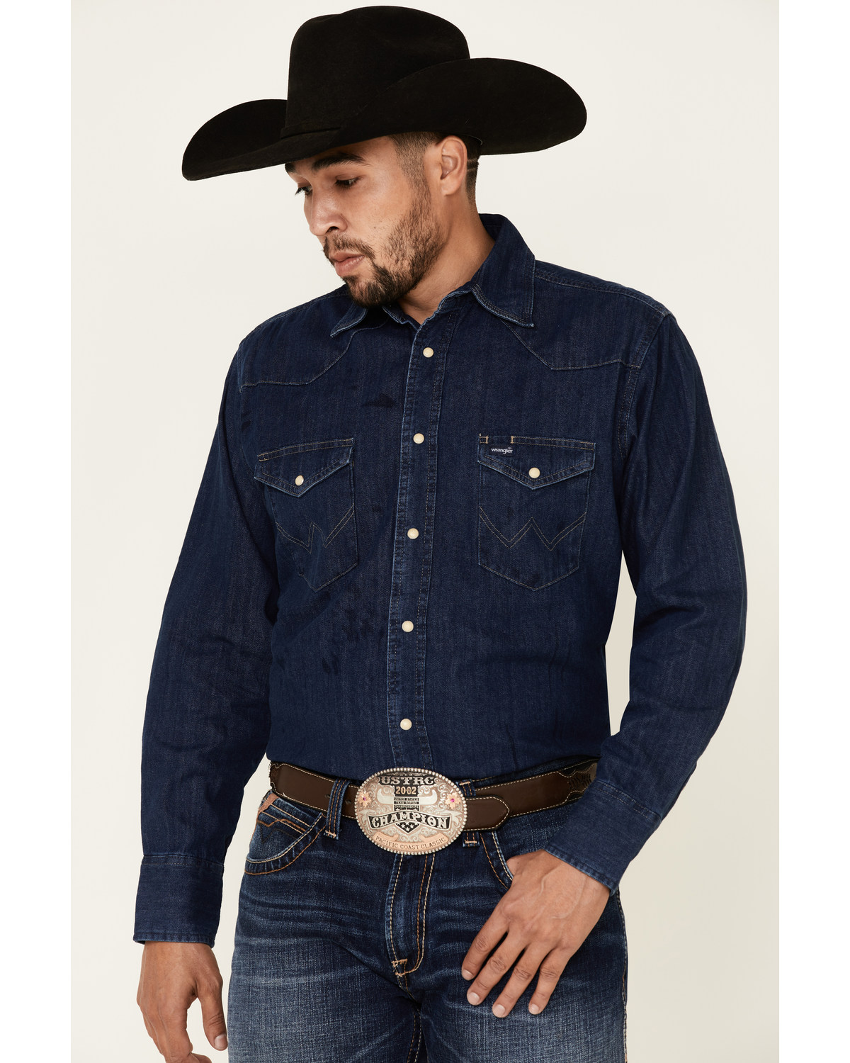Wrangler Men's Dark Denim Solid Long Sleeve Snap Western Shirt