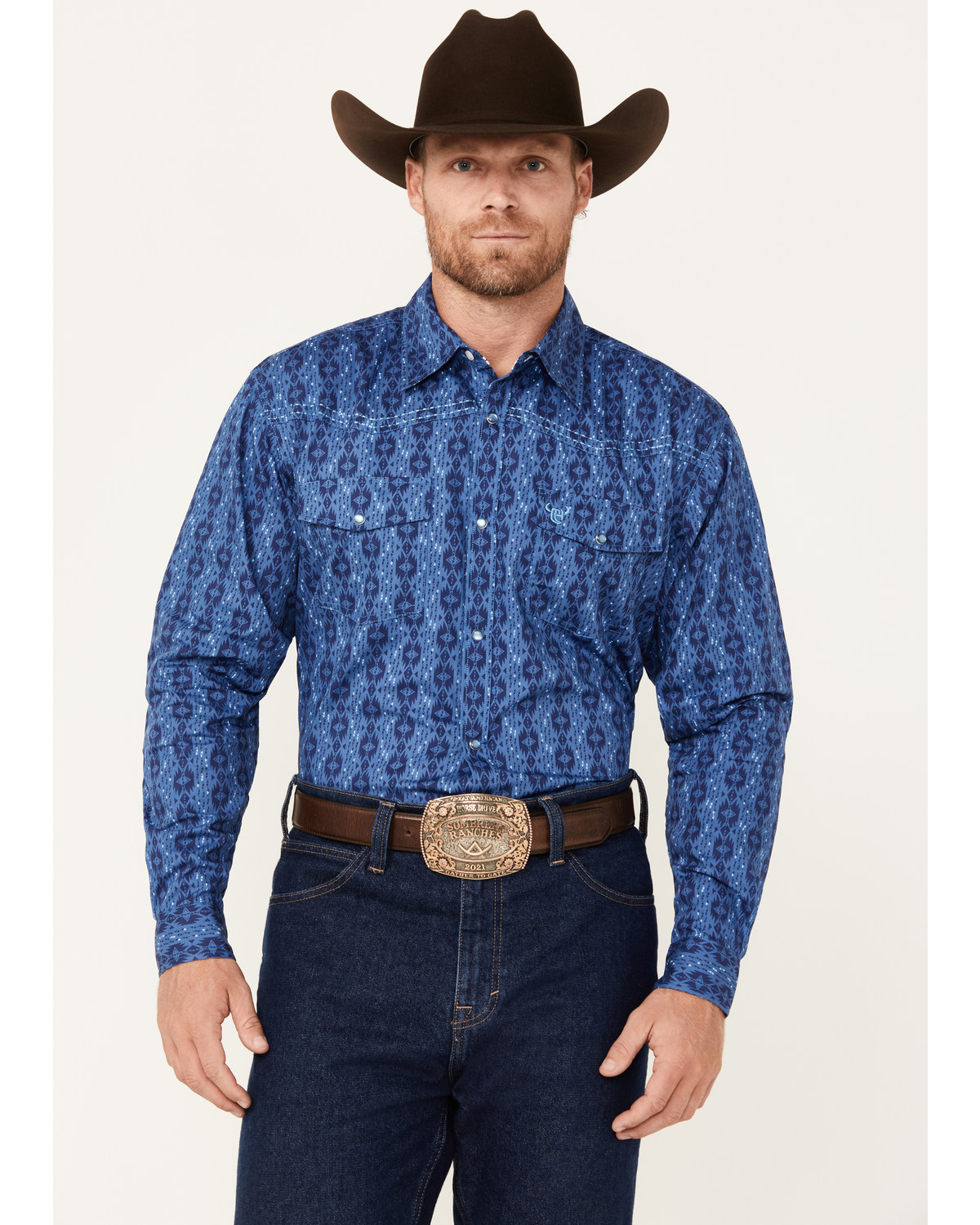 Cowboy Hardware Men's Tonal Southwestern Print Long Sleeve Pearl Snap Western Shirt