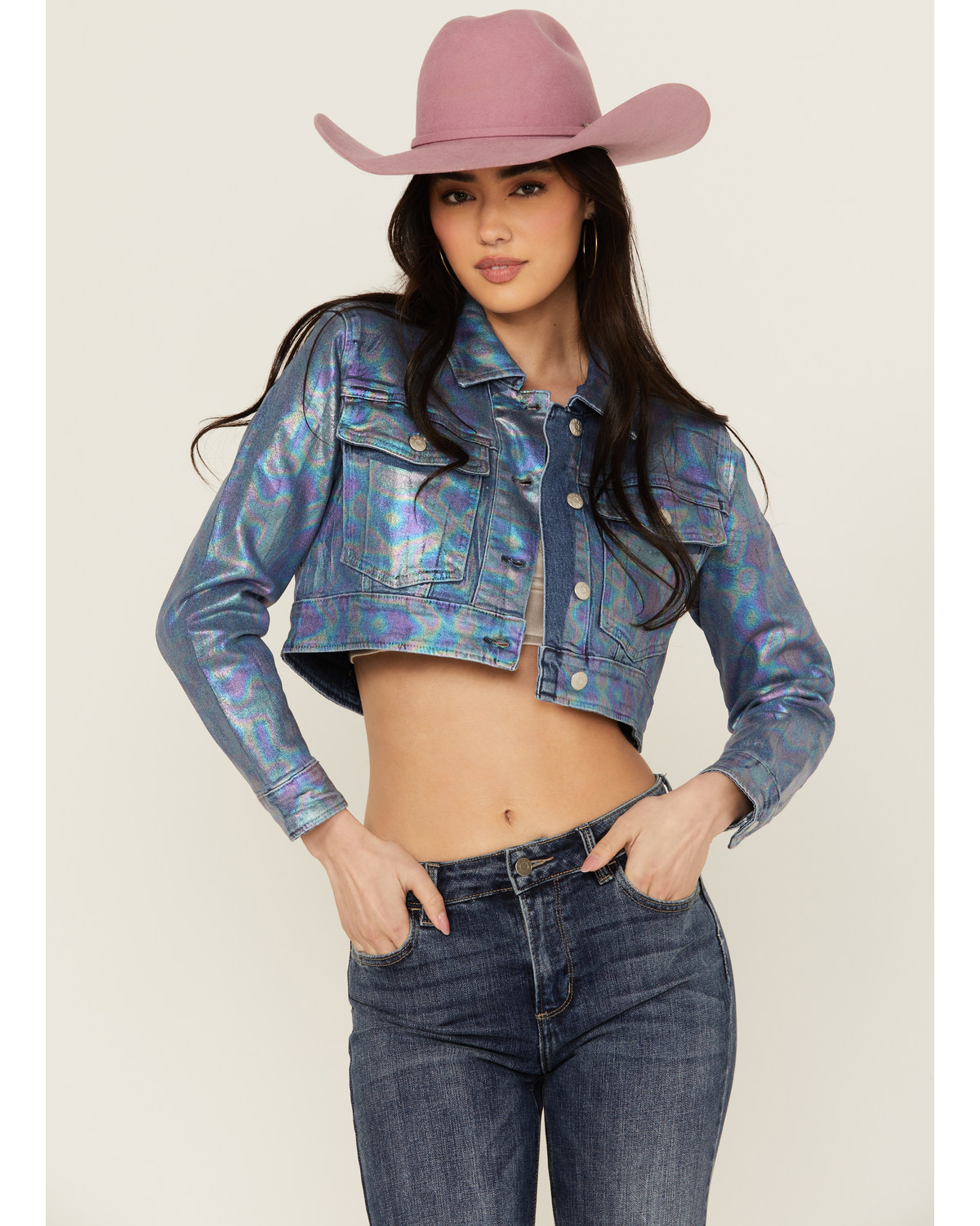 Vibrant Denim Women's Holographic Cropped Jacket