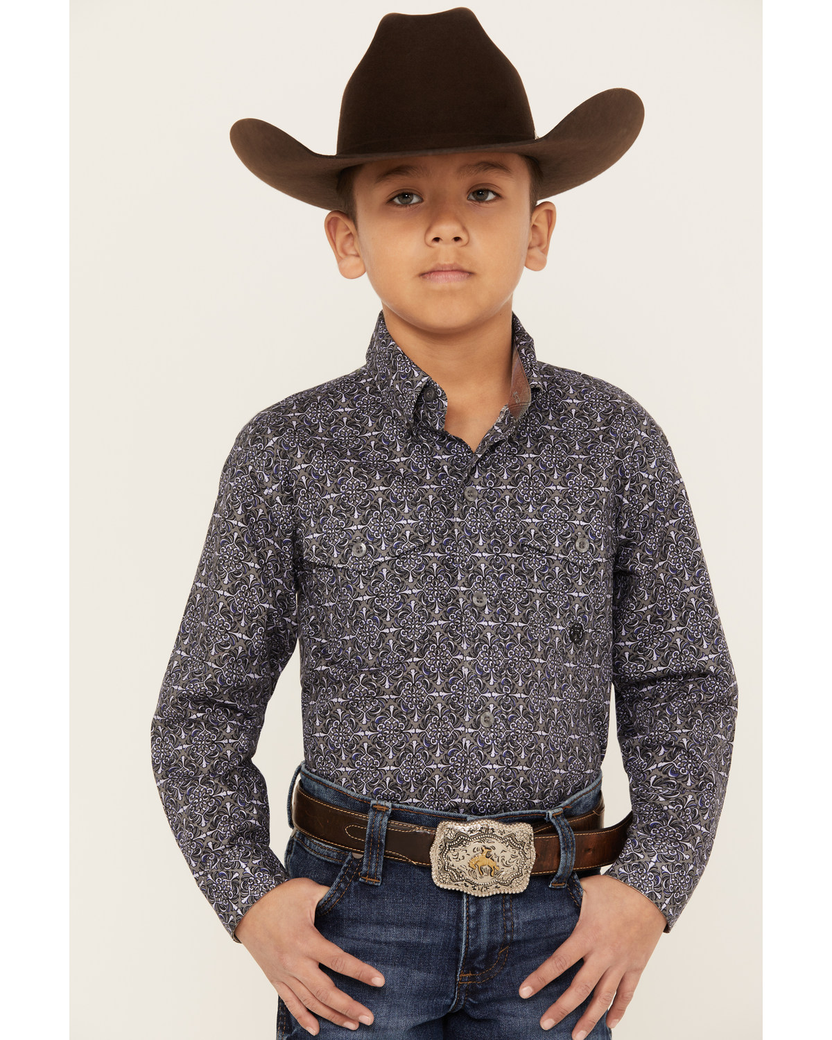 Roper Boys' Amarillo Ornate Geo Print Long Sleeve Snap Western Shirt