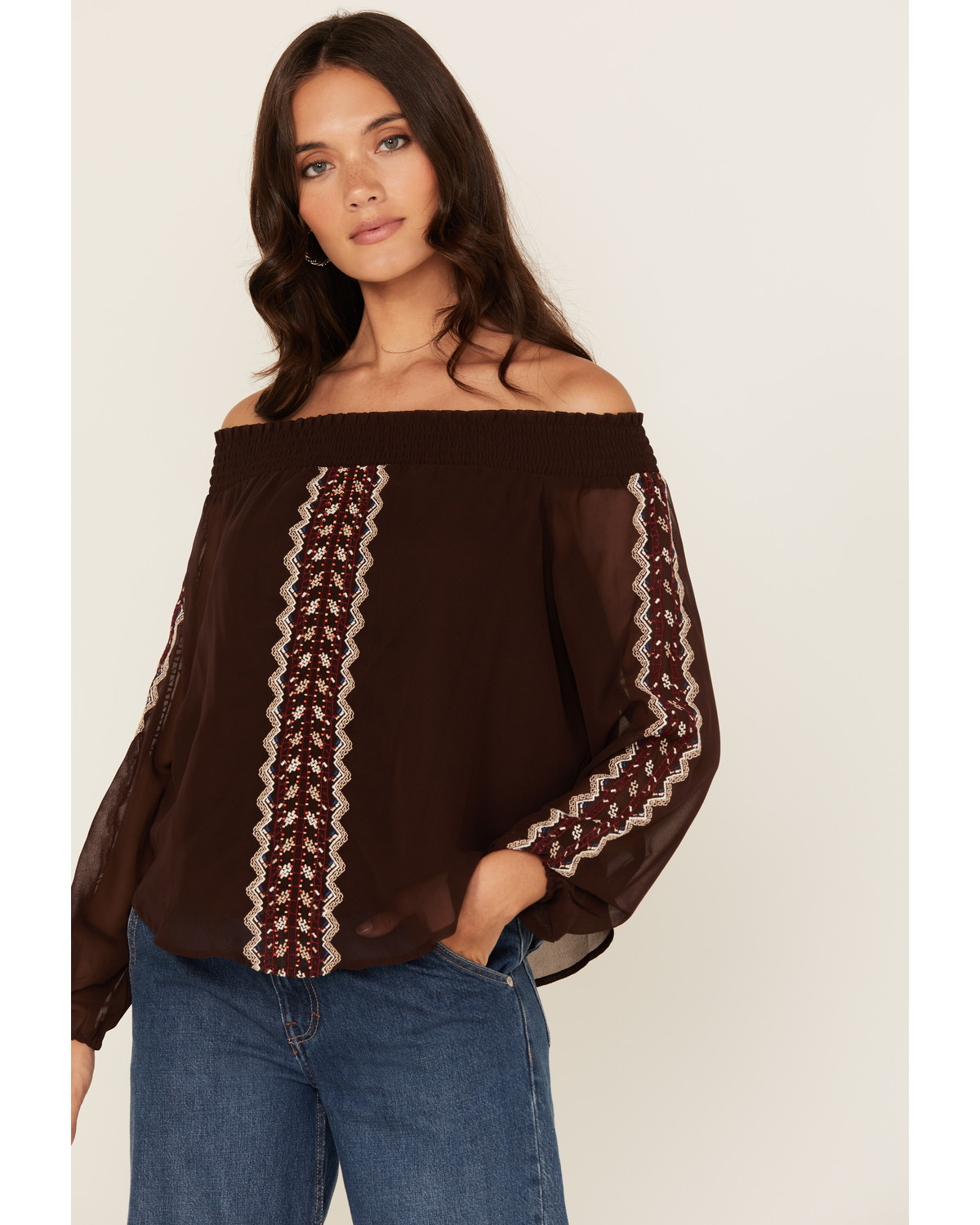 Shyanne Women's Georgette Embroidered Off The Shoulder Top