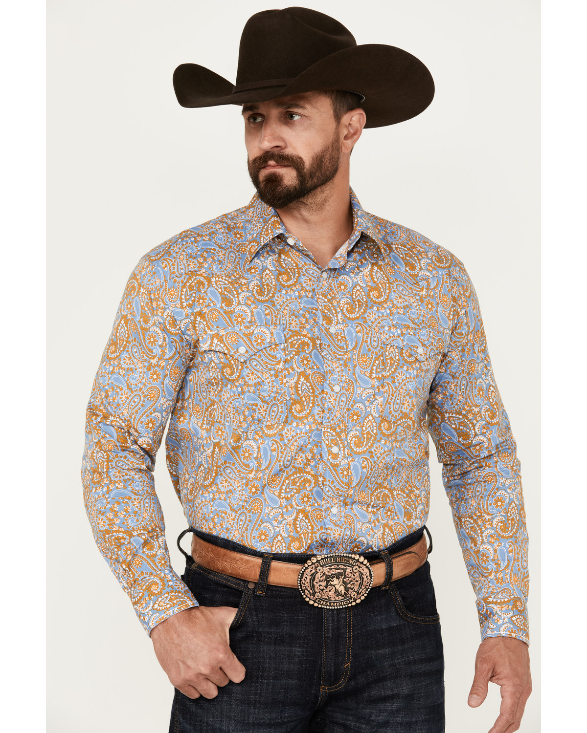 Rough Stock by Panhandle Men's Floral Paisley Print Long Sleeve Pearl Snap Stretch Western Shirt