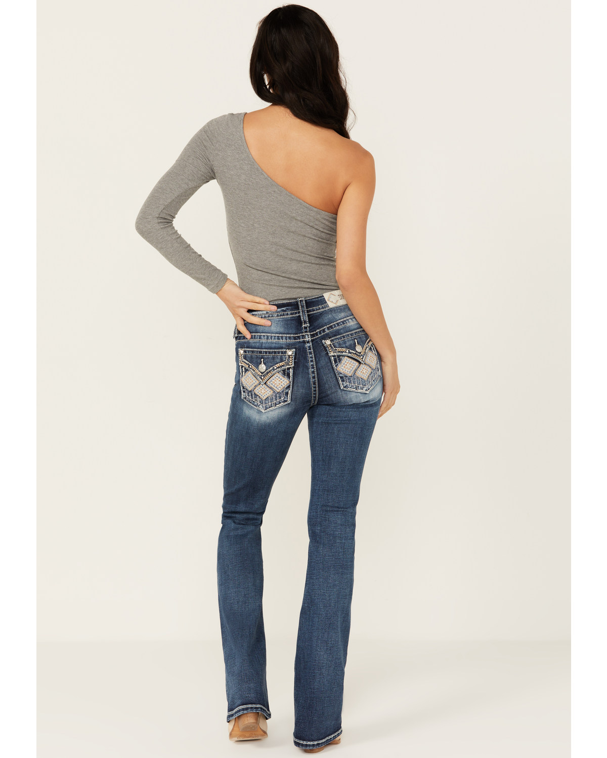 Miss Me Women's Dark Wash Mid Rise Diamond Geo Pocket Stretch Bootcut Jeans