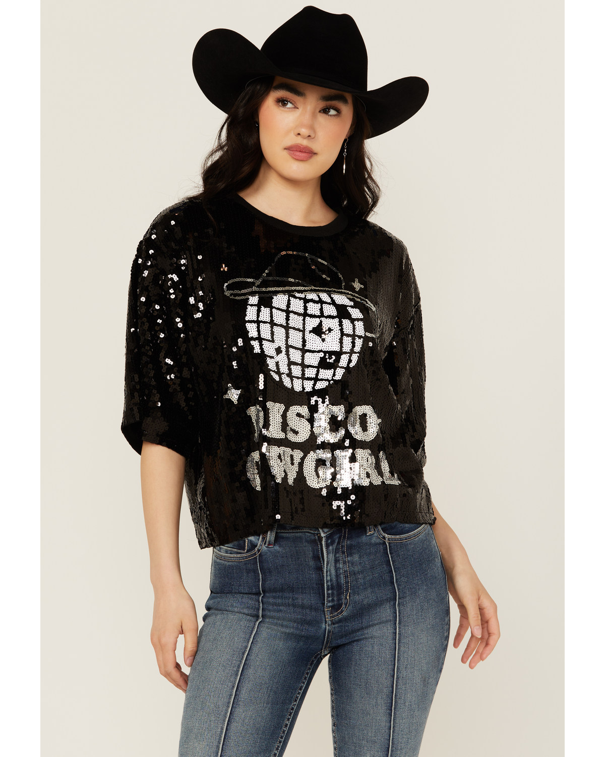 Mainstrip Women's Disco Cowgirl Sequins Short Sleeve Graphic Tee