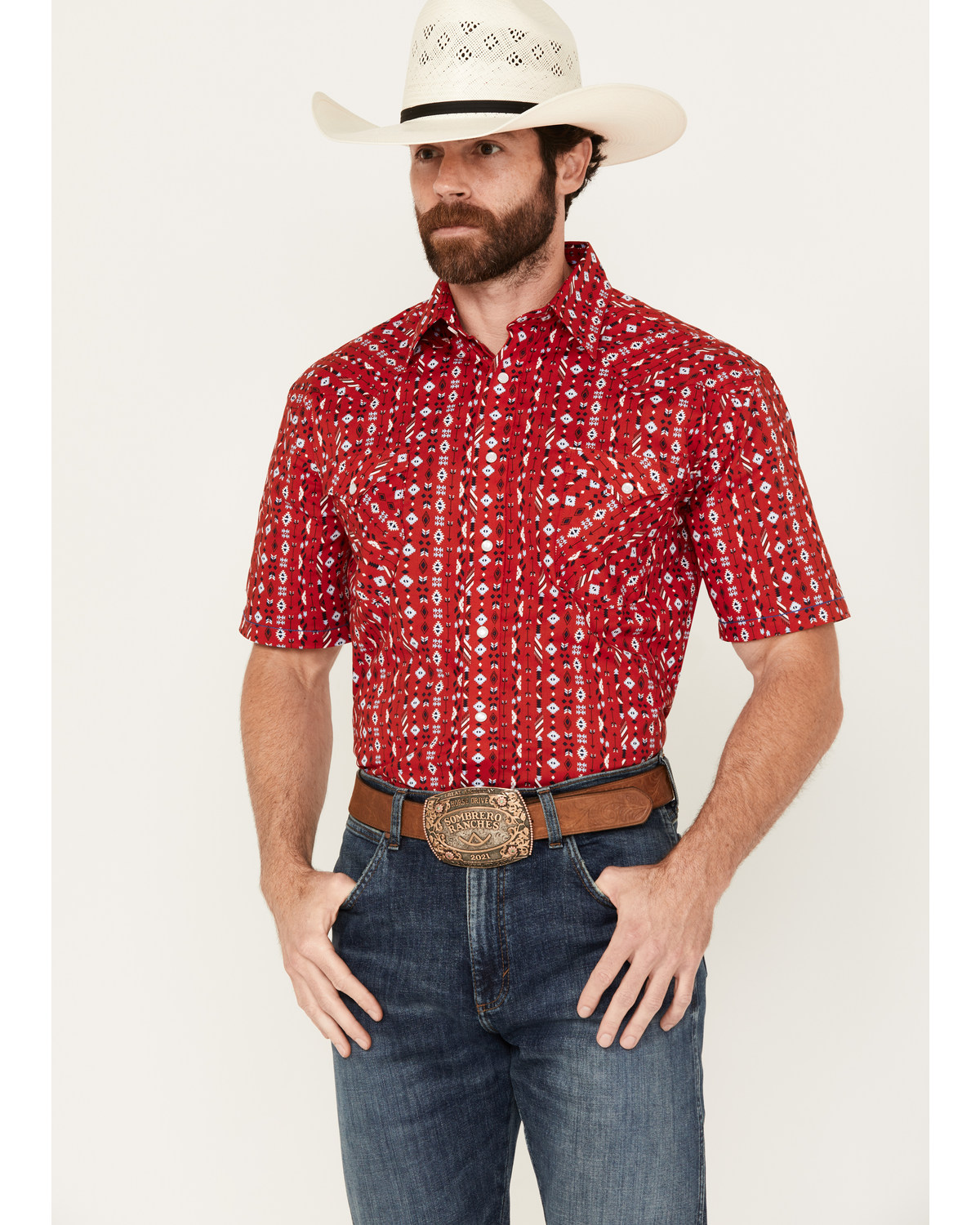 Rough Stock by Panhandle Men's Southwestern Print Short Sleeve Pearl Snap Western Shirt
