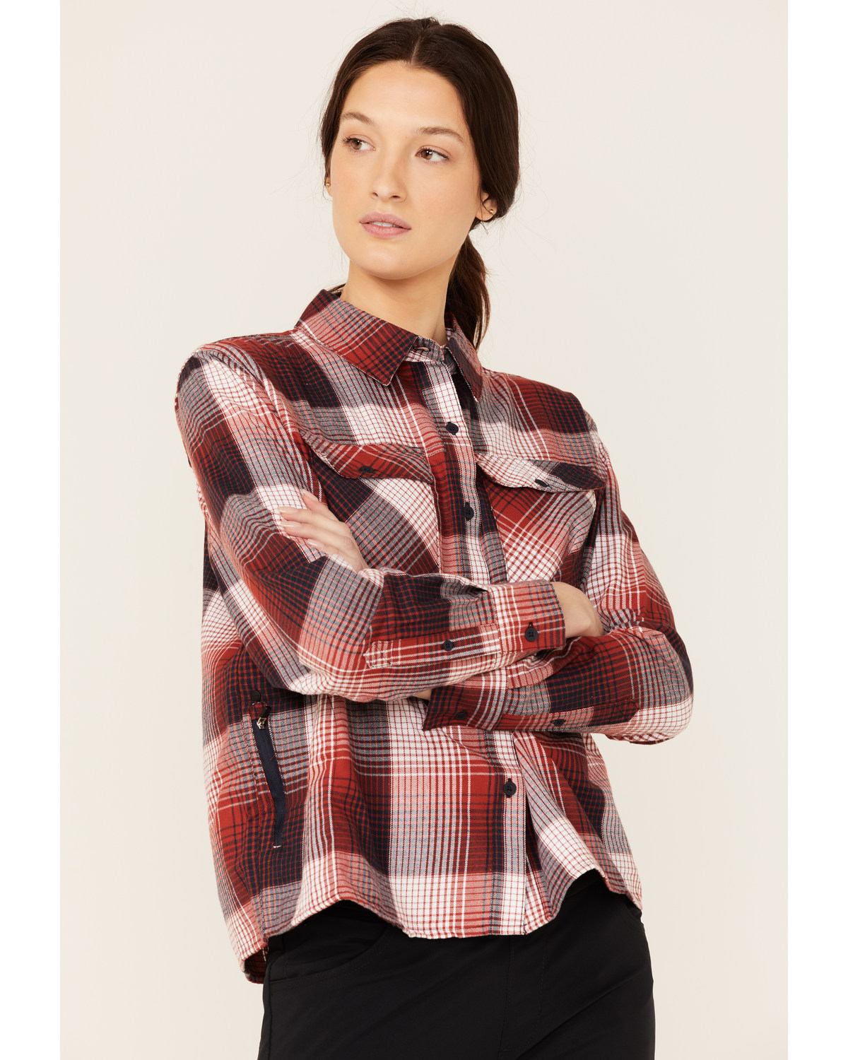 ATG by Wrangler Women's All-Terrain Dark Plaid Print Long Sleeve Utility Flannel Core Shiirt
