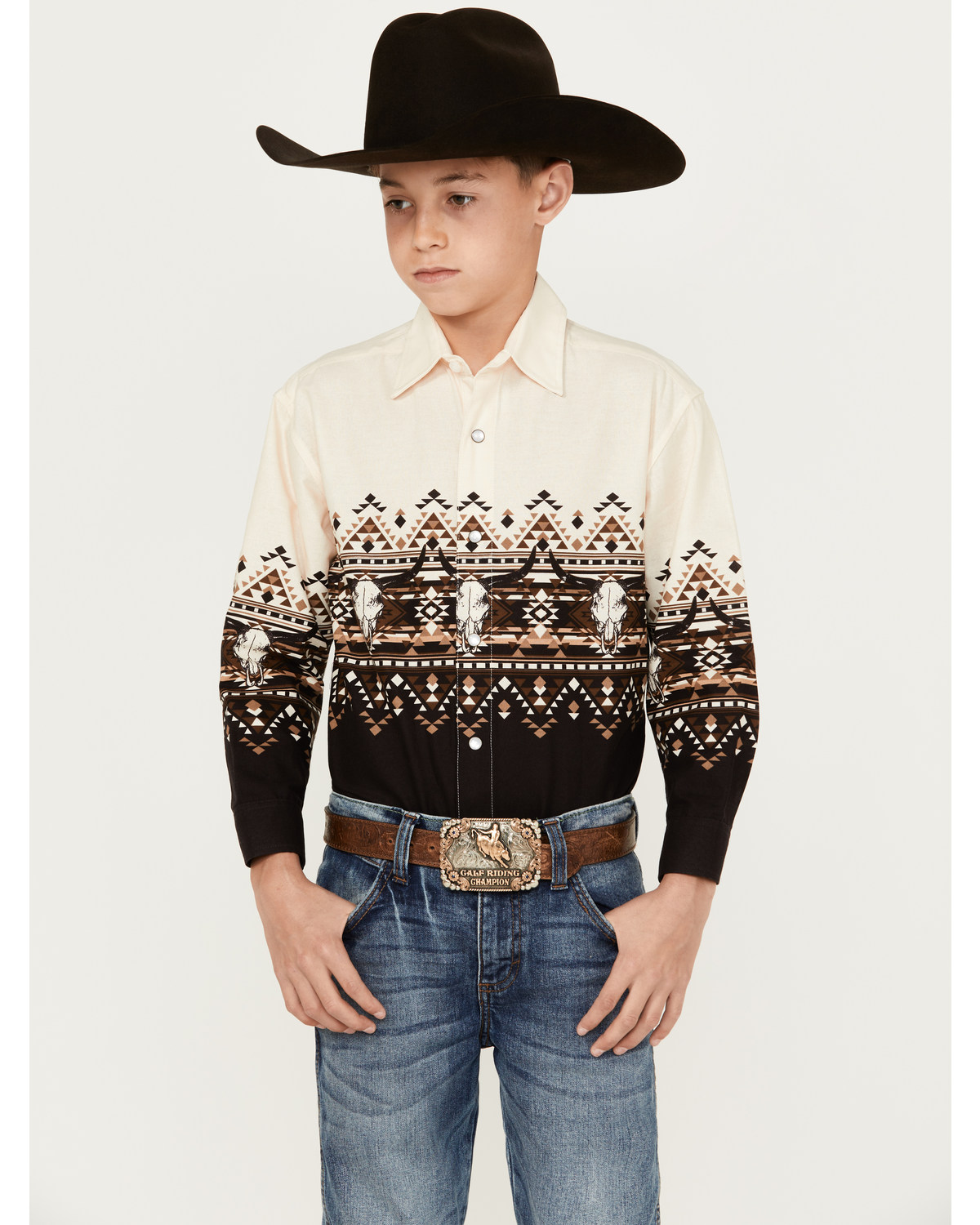 Panhandle Boys' Steer Head Southwestern Border Print Long Sleeve Pearl Snap Shirt