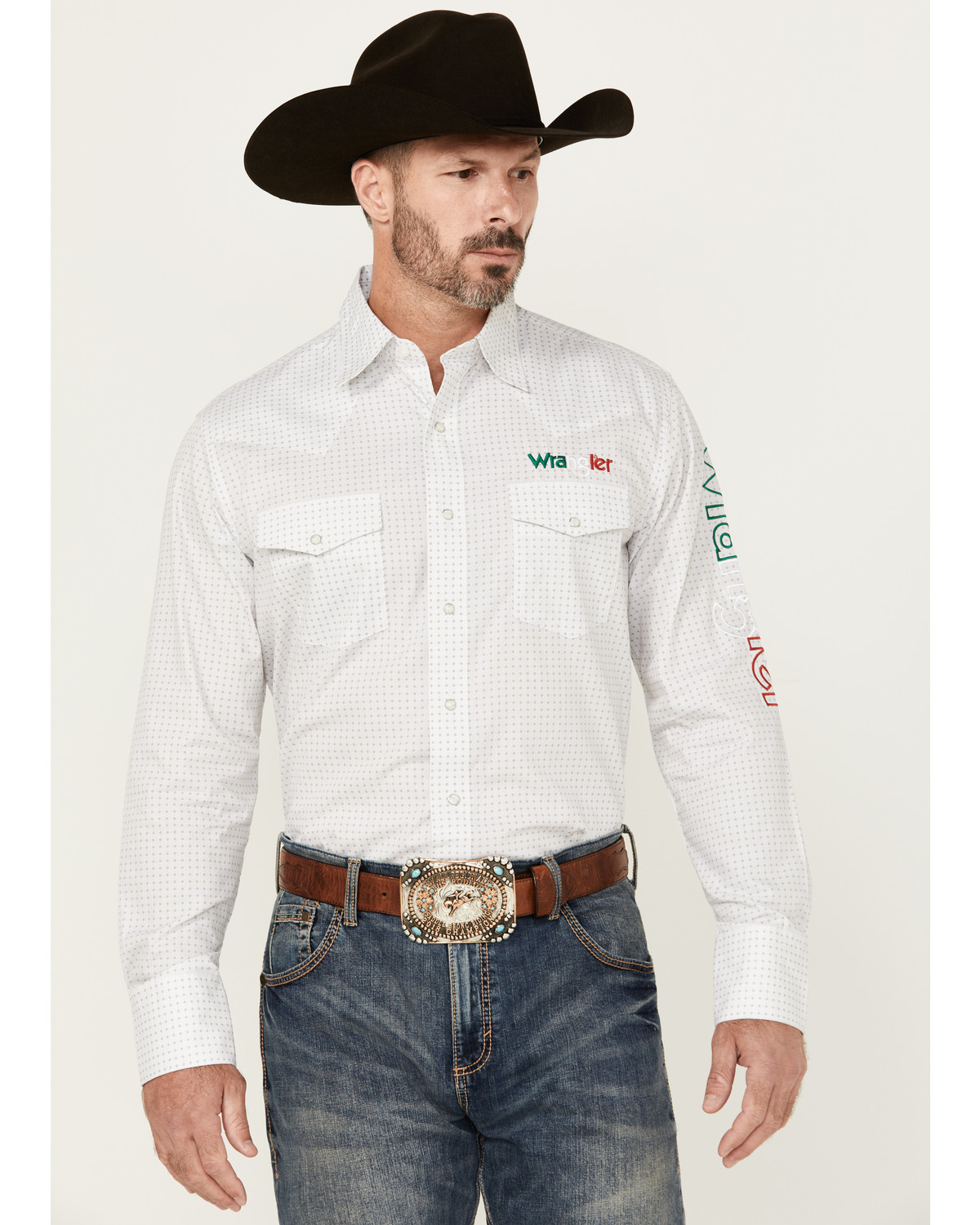 Wrangler Men's Mexico Logo Geo Print Long Sleeve Snap Western Shirt