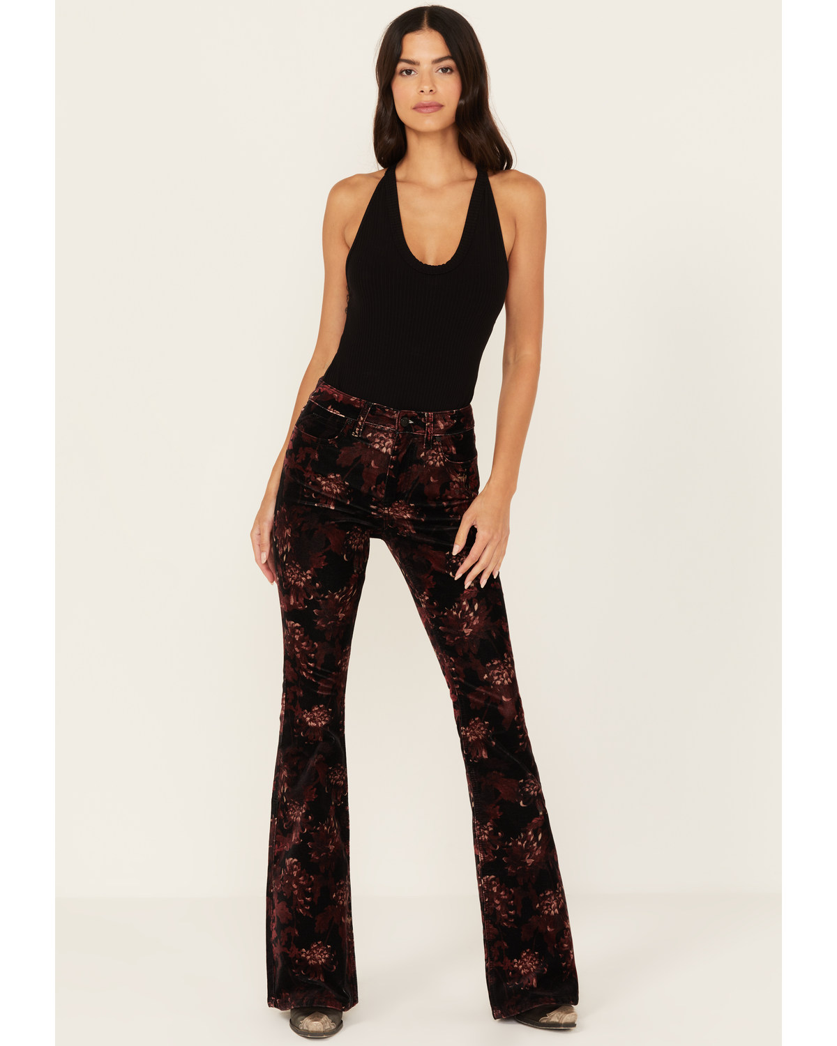 Shyanne Women's Printed Velveteen High Rise Stretch Flare Jeans