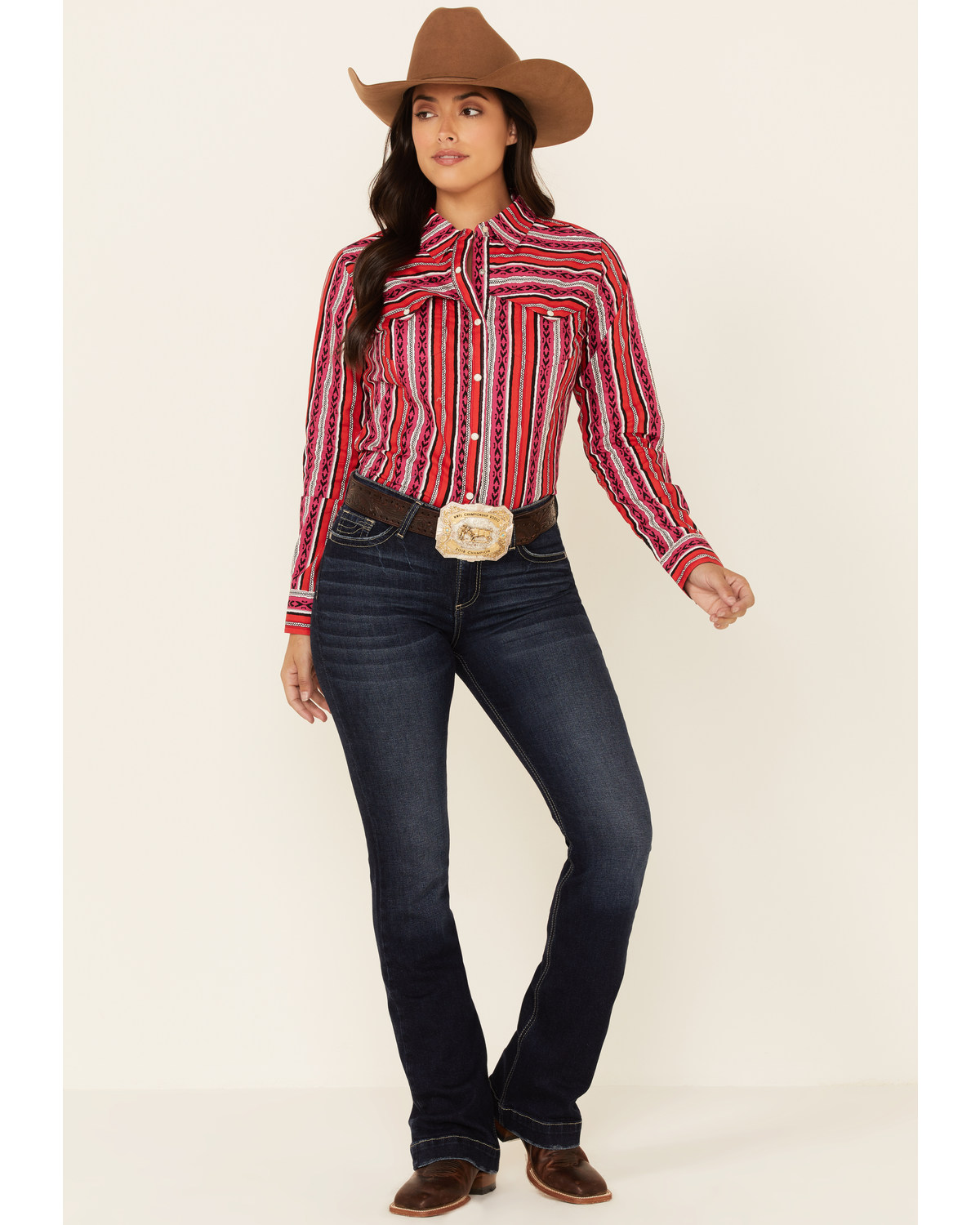 Wrangler Women's Punchy Aztec Stripe Long Sleeve Snap Western Shirt