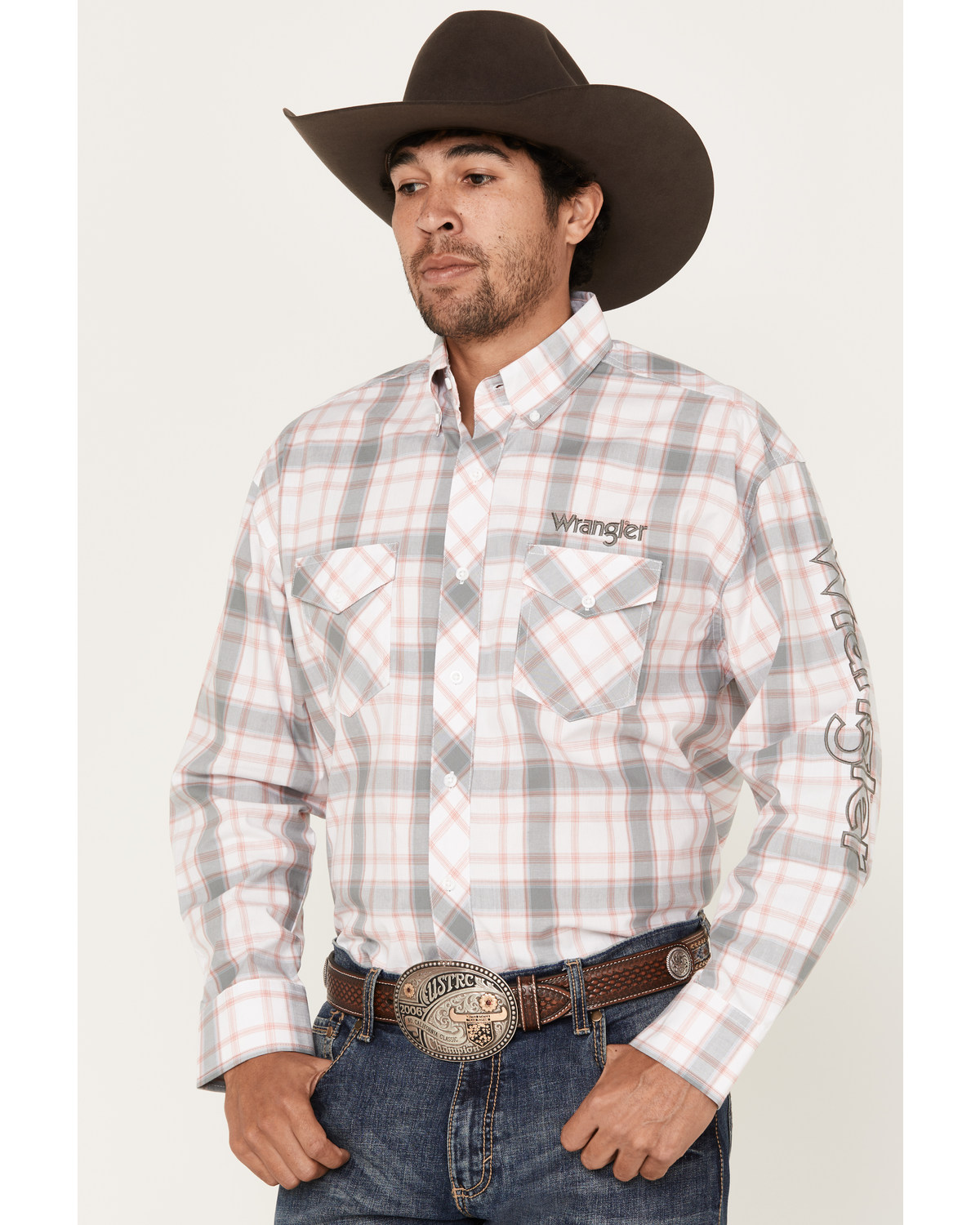 Wrangler Men's Logo Plaid Print Long Sleeve Button-Down Western Shirt