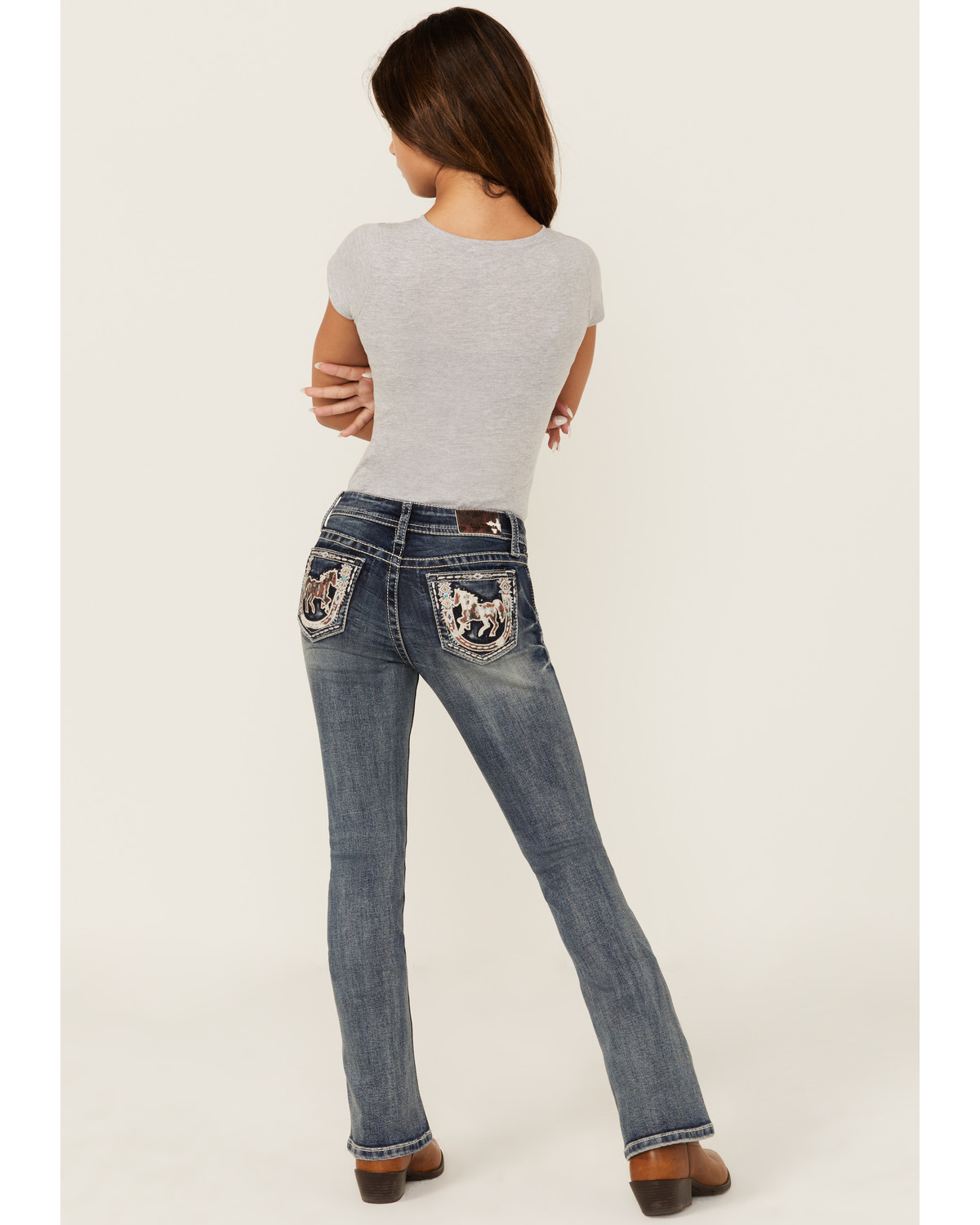 Grace LA Girls' Medium Wash Horse Patch Pocket Bootcut Stretch Denim Jeans