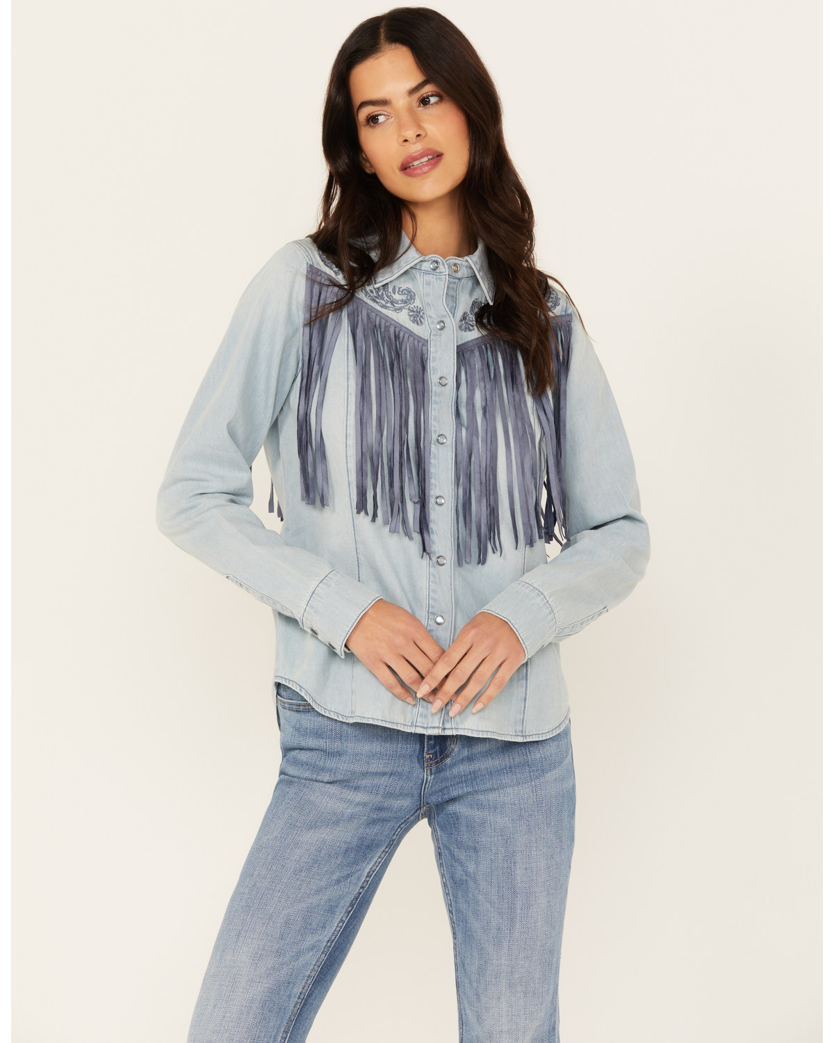 Idyllwind Women's Sutton Embroidered Chambray Fringe Top