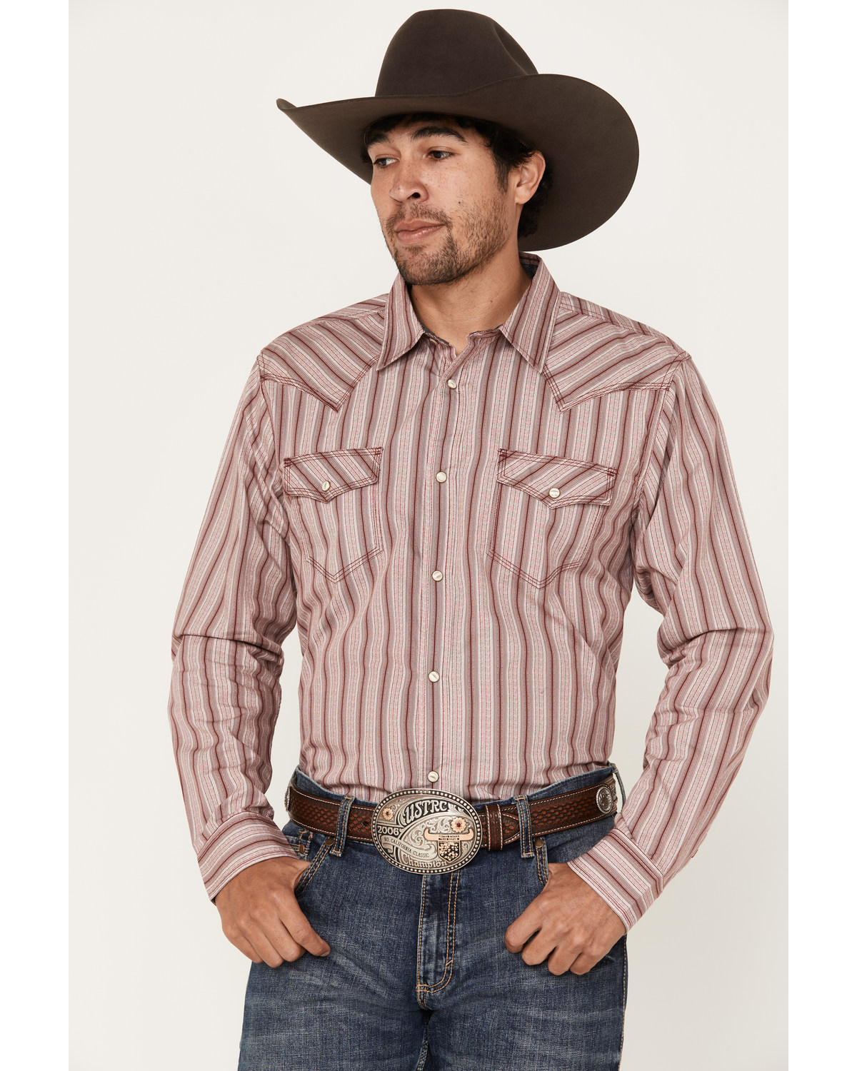 Moonshine Spirit Men's Red Canyon Striped Short Sleeve Pearl Snap Western Shirt