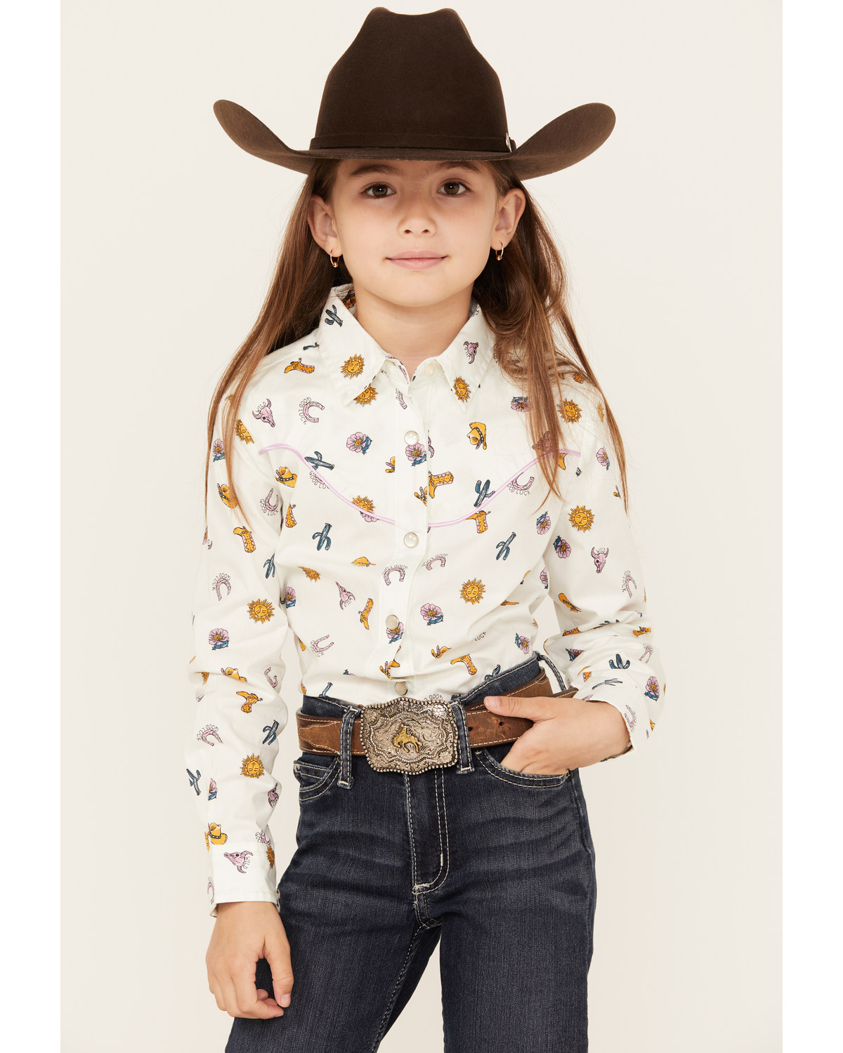 Wrangler Girls' Conversation Print Long Sleeve Pearl Snap Western Shirt