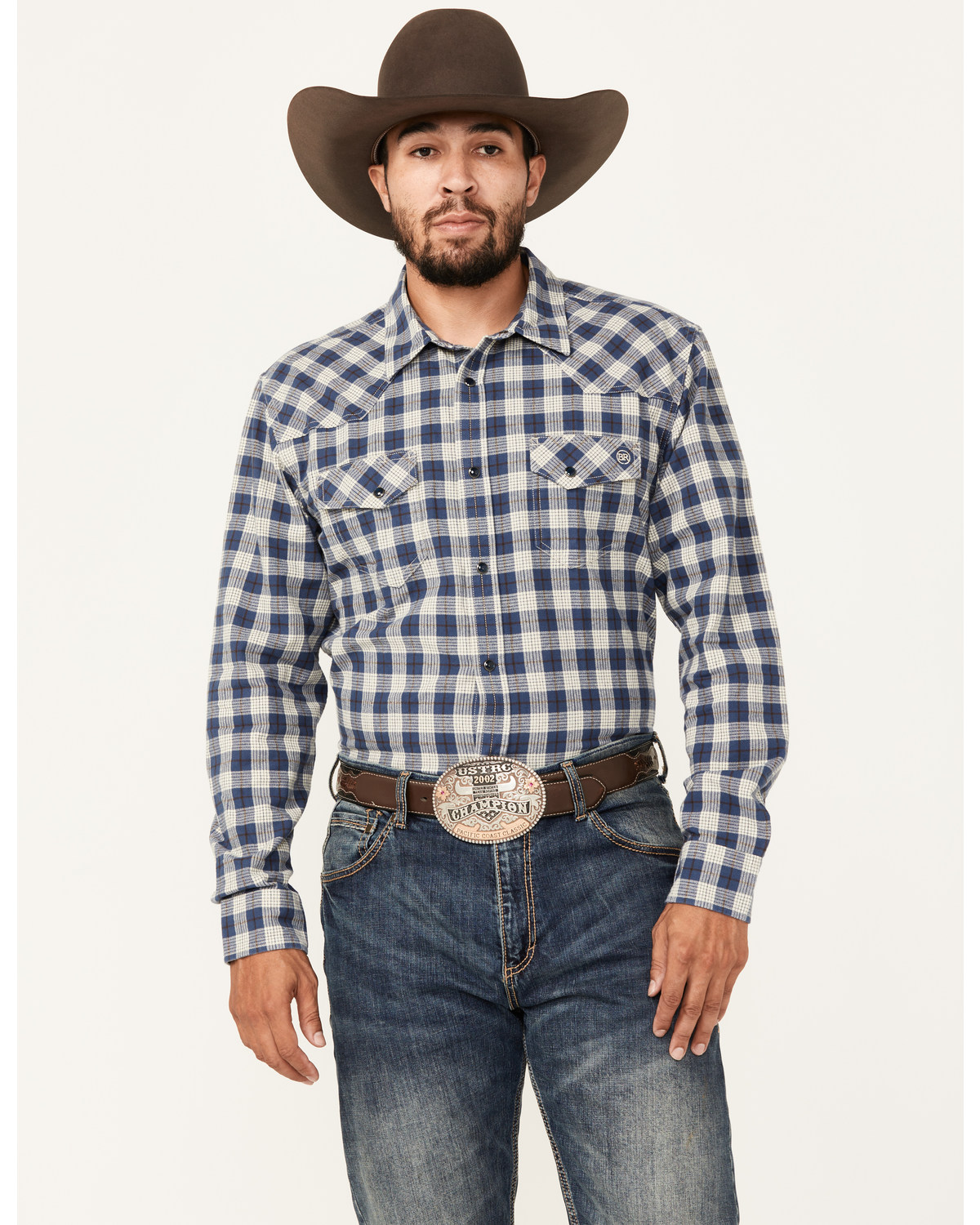 Blue Ranchwear Men's Crossville Herringbone Checkered Print Long Sleeve Snap Work Shirt