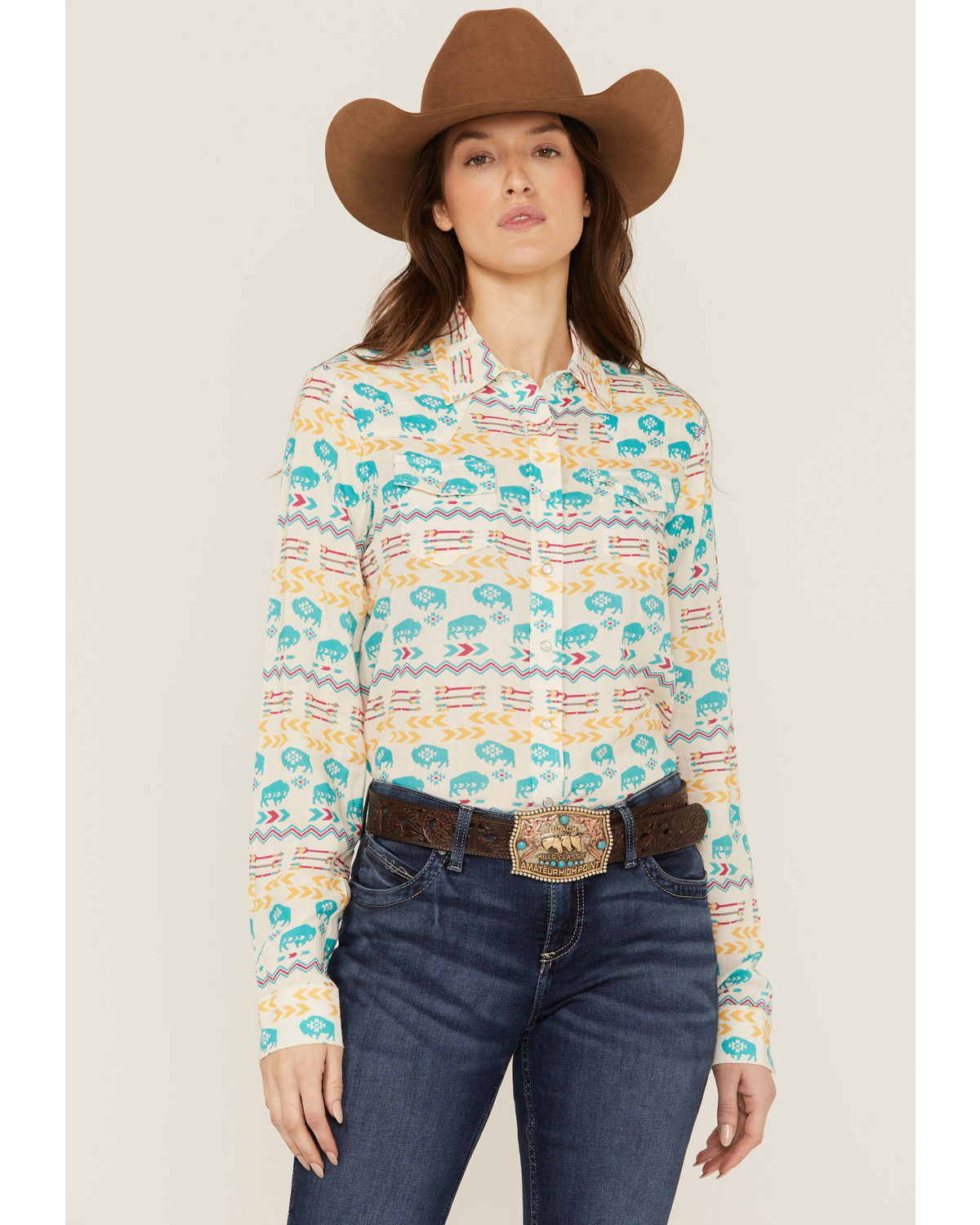 Roper Women's Buffalo Roam Southwestern Print Long Sleeve Pearl Snap Western Shirt