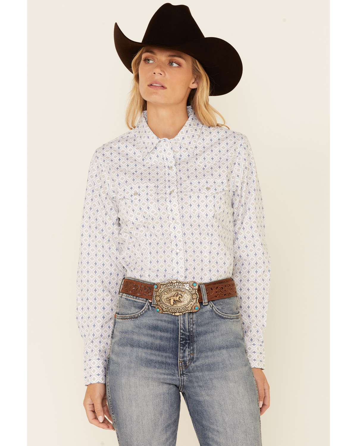 Ely Walker Women's Southwestern Tile Print Long Sleeve Pearl Snap Western Shirt