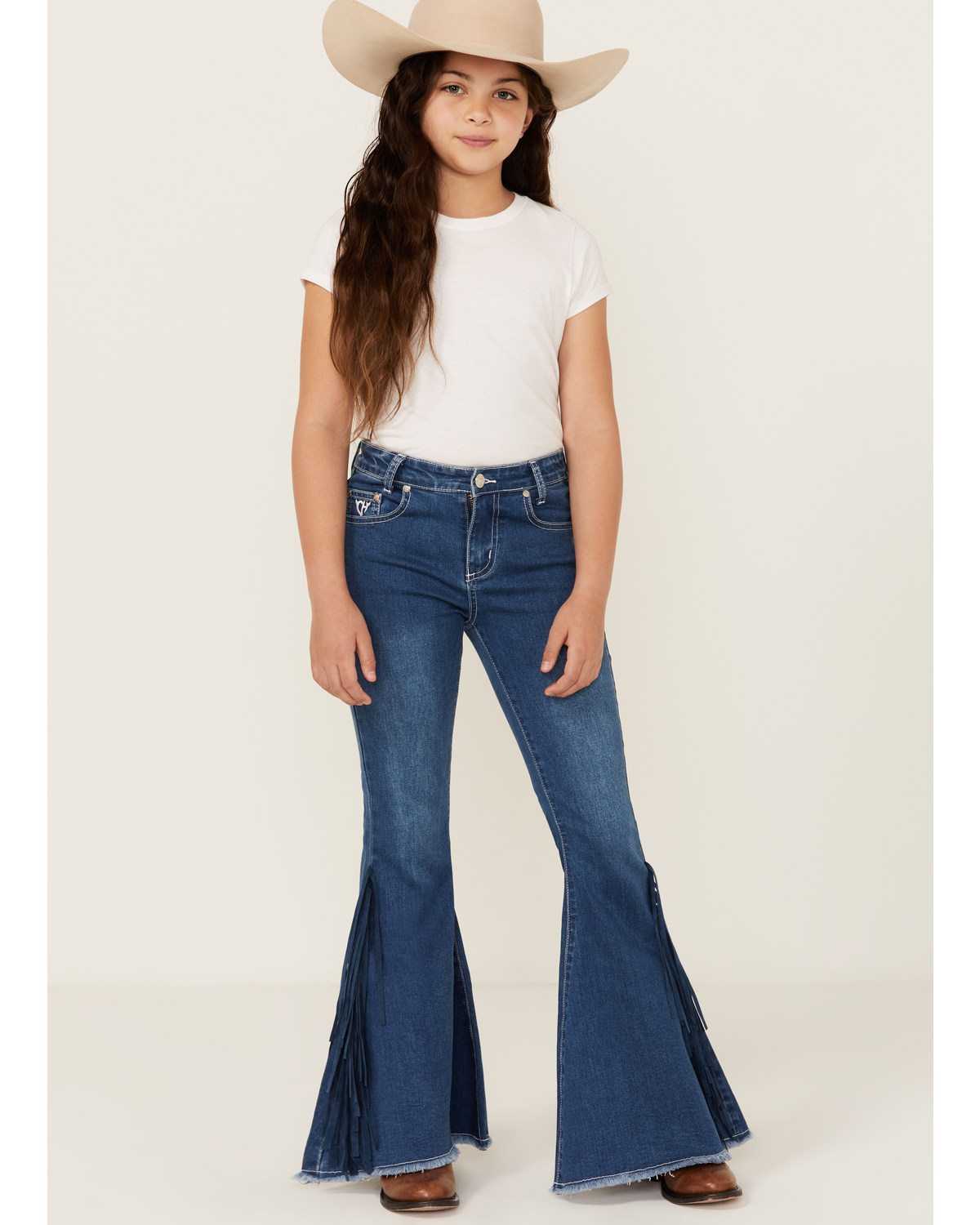 Cowgirl Hardware Girls' Fringe Bell Bottom Stretch Denim Jeans