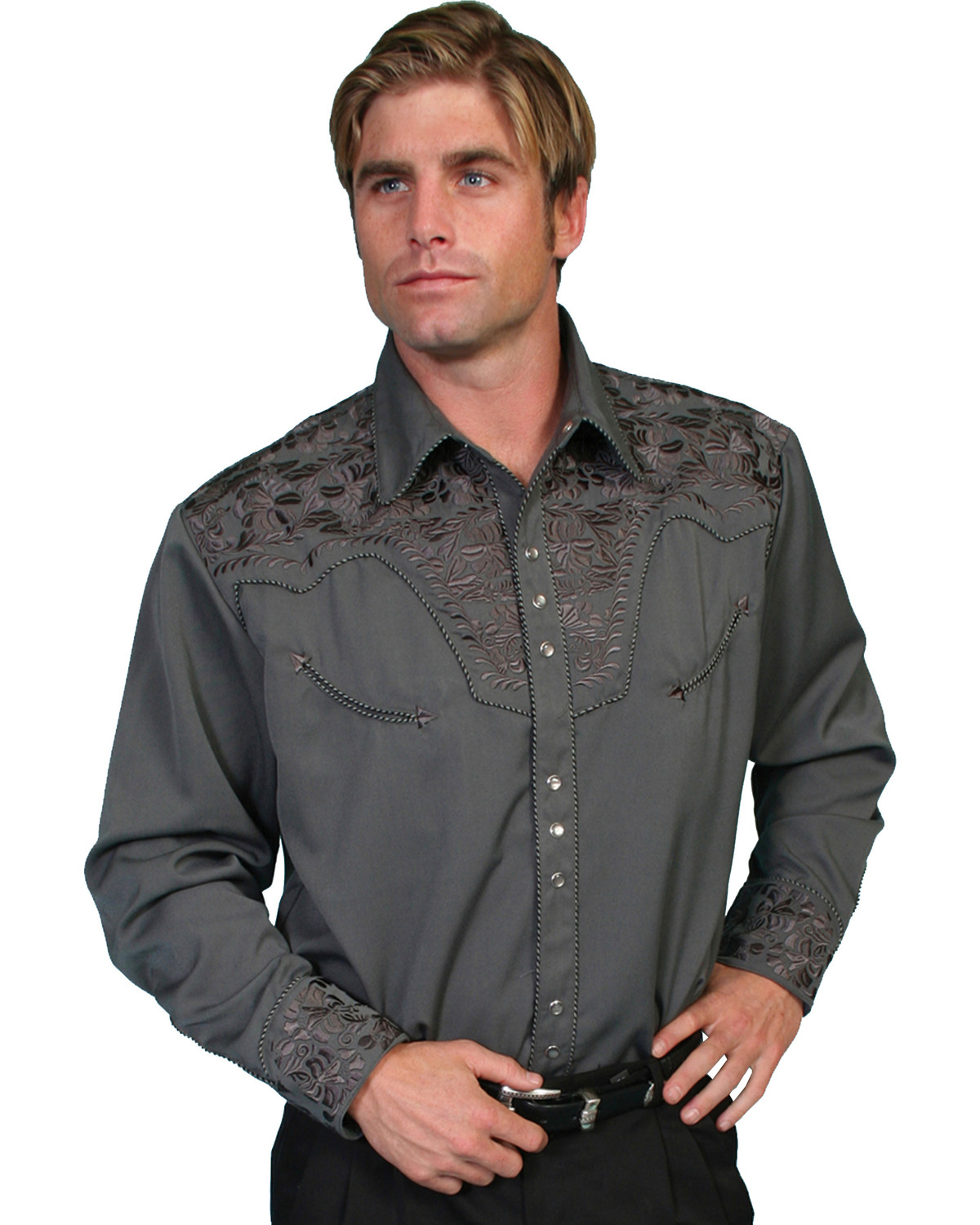 Scully Men's Charcoal Embroidered Gunfighter Shirt - Big
