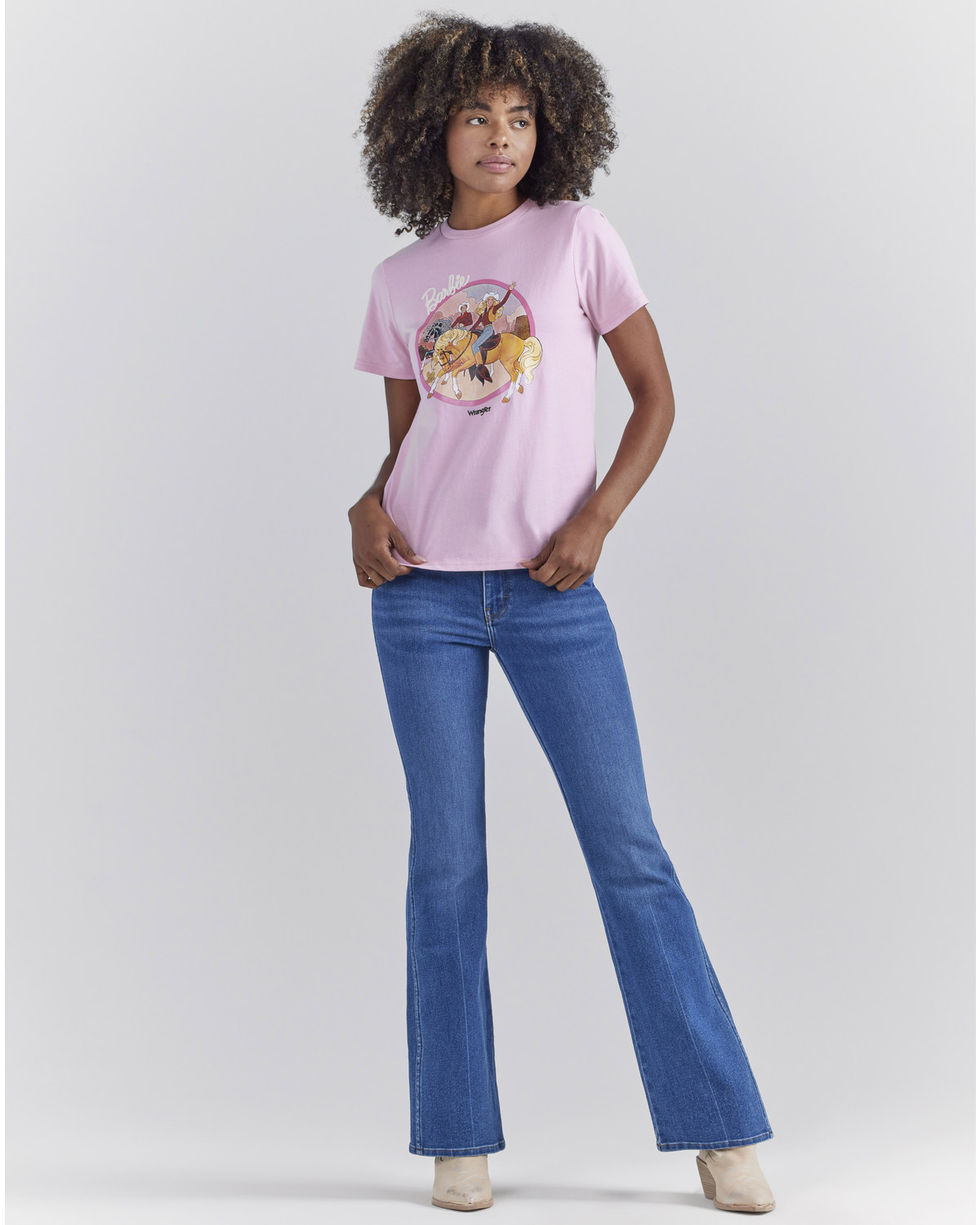 Wrangler® X Barbie™ Women's Medium Wash High Rise Westward Pink Patch Stretch Bootcut Jeans
