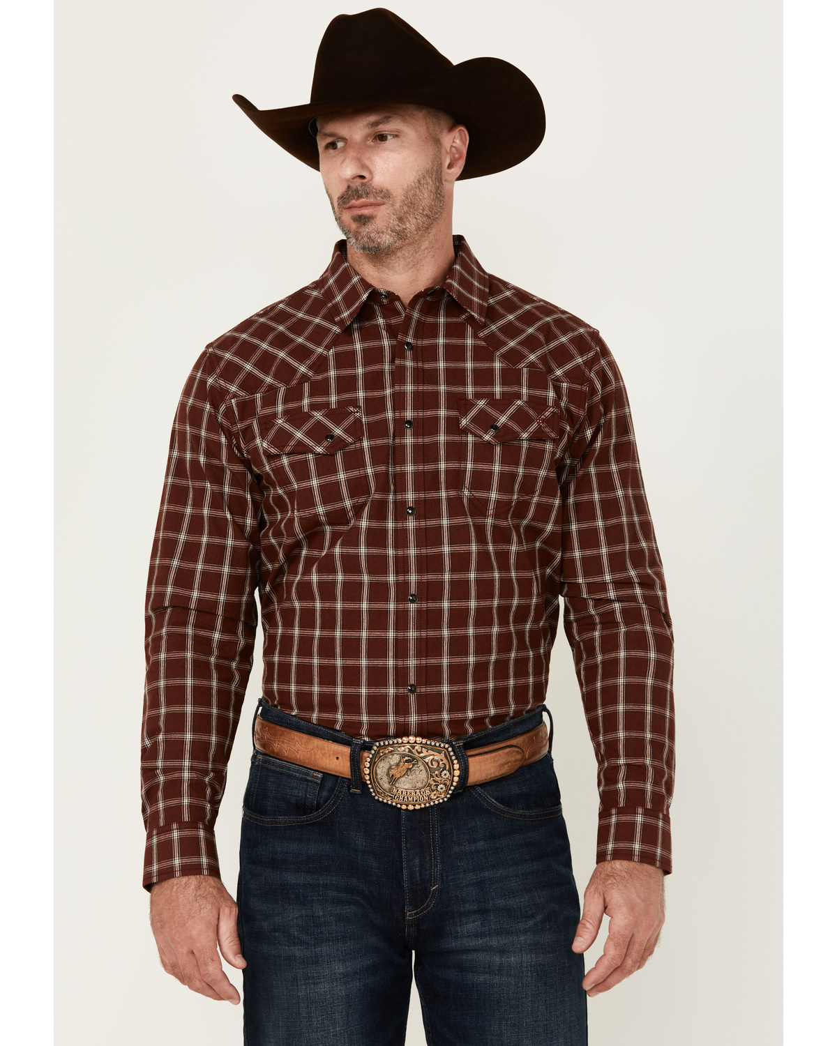 Blue Ranchwear Men's Elk Plaid Print Long Sleeve Snap Western Shirt