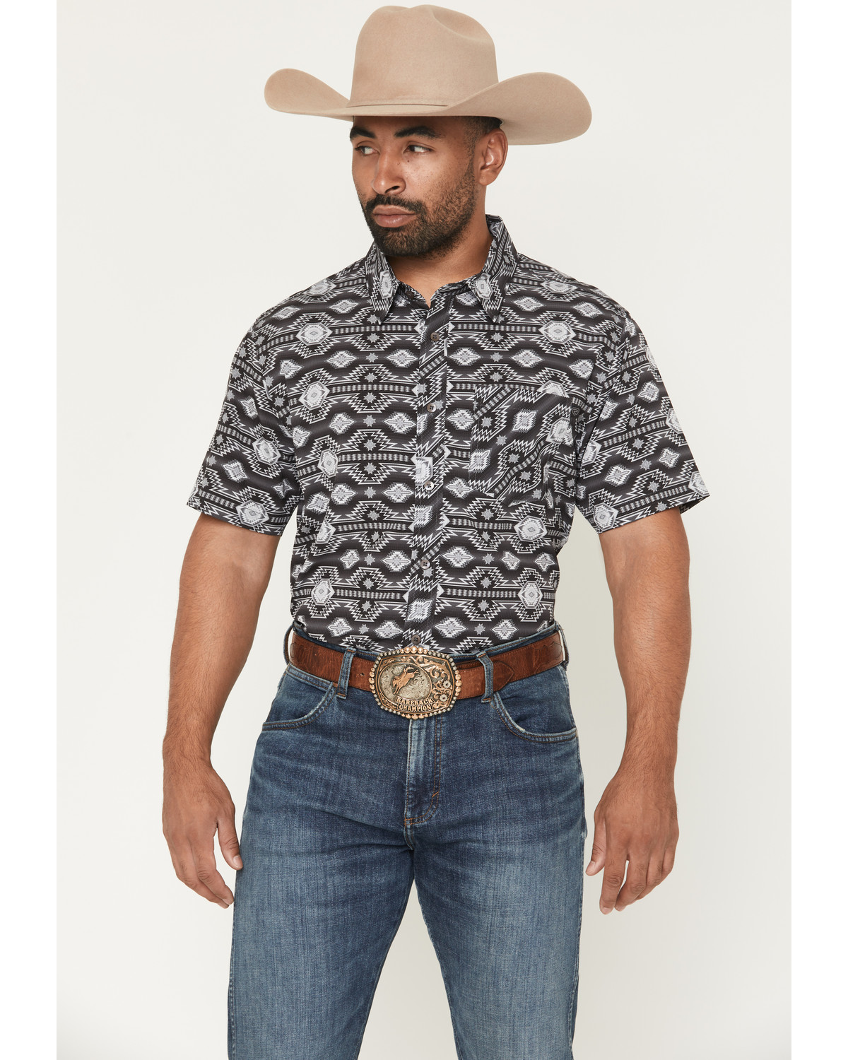 Rock & Roll Denim Men's Tek Southwestern Print Short Sleeve Button-Down Stretch Western Shirt
