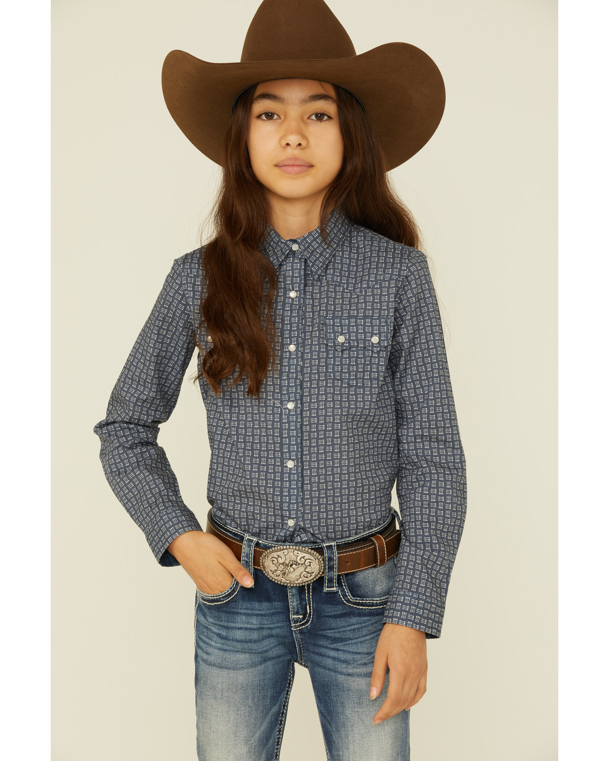 Roper Girls' Checkered Arrow Print Long Sleeve Pearl Snap Western Shirt