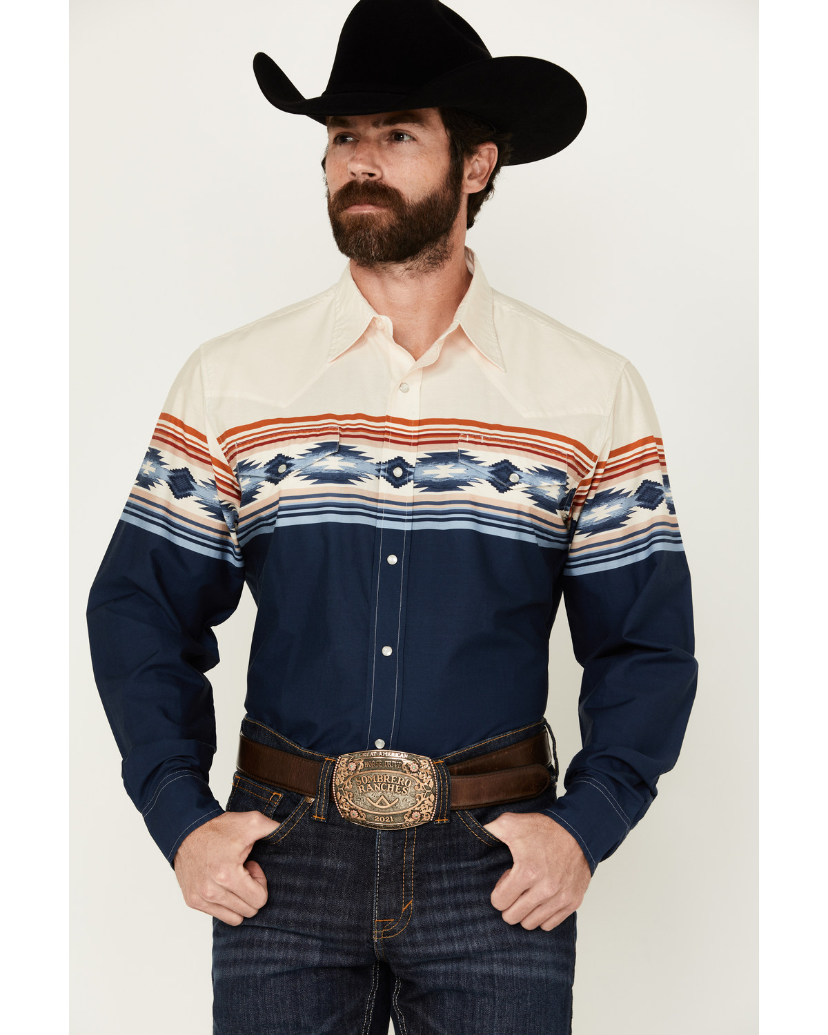 Roper Men's Vintage Southwestern Border Print Long Sleeve Pearl Snap Western Shirt