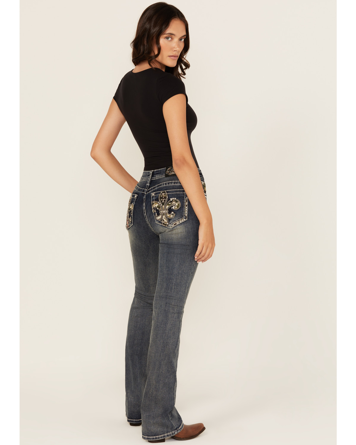 Grace LA Women s Medium Wash Camo Fleur De Lis Embroidered Mid Rise Bootcut Stretch Denim Jeans Pueblo Mall