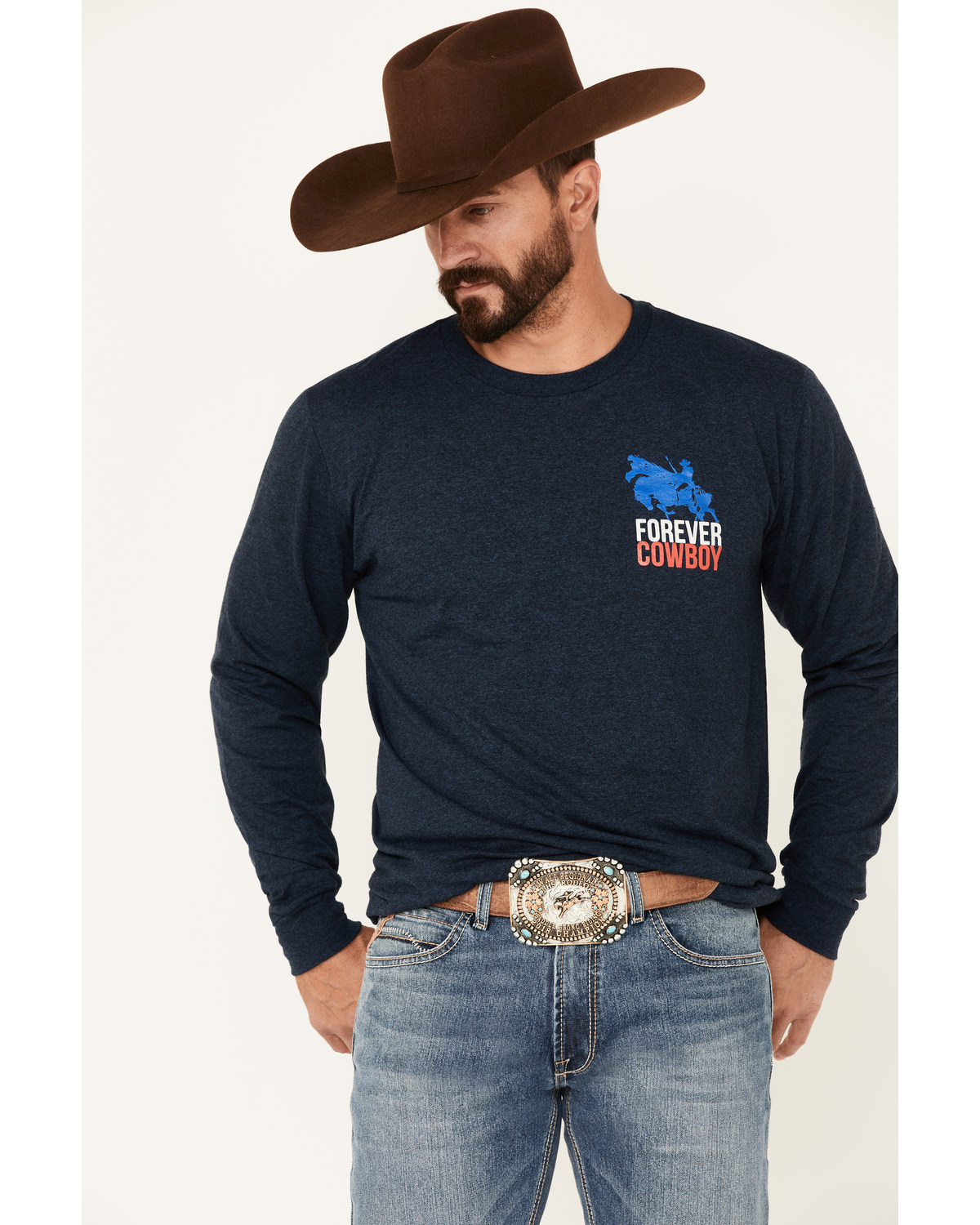 Cody James Men's Heather Navy Forever Cowboy Graphic Long Sleeve T-Shirt